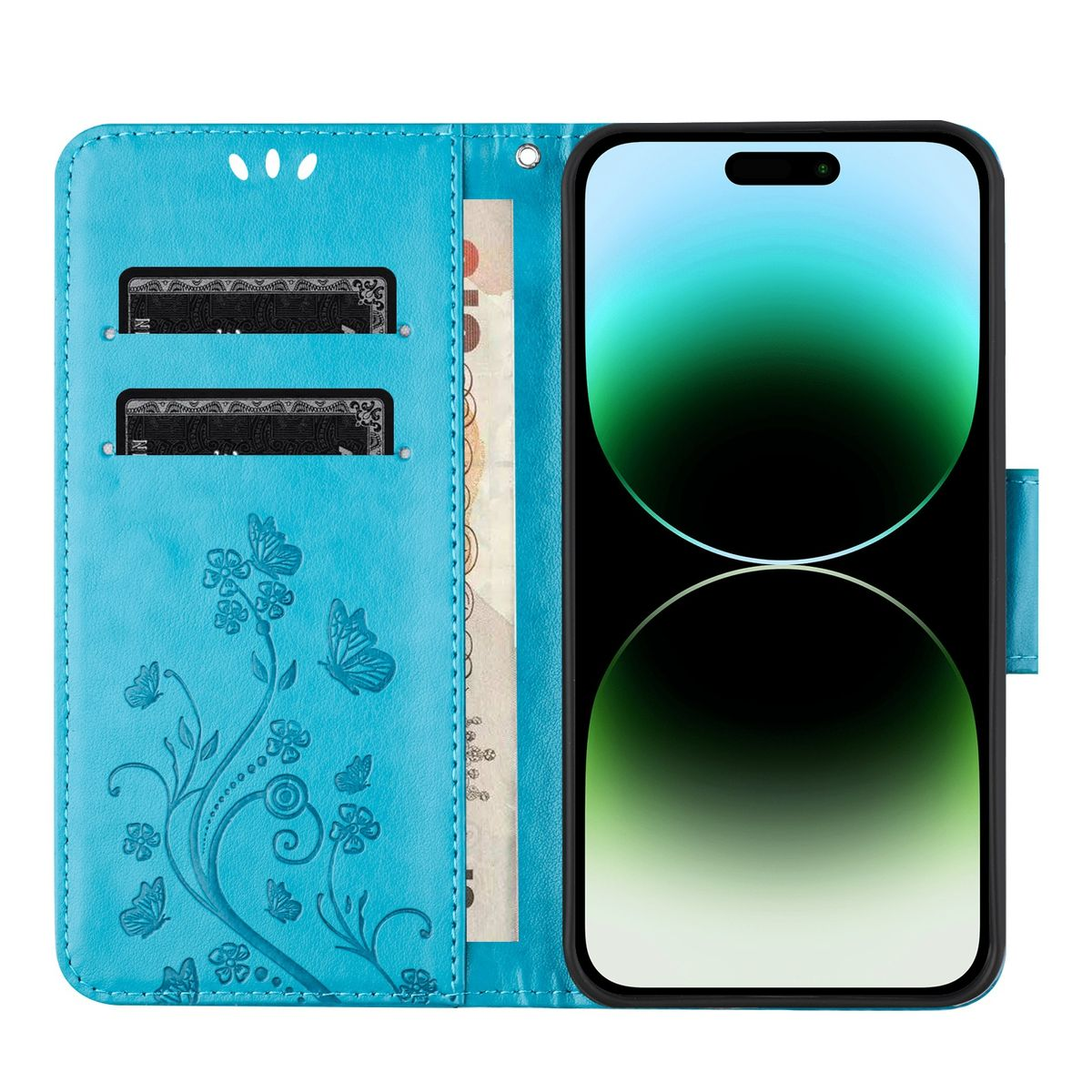 Geöffnete türkisfarbene Handyhülle mit Telefon. Enthält Karten und Geld. Blumen- und Schmetterlingsdetails.