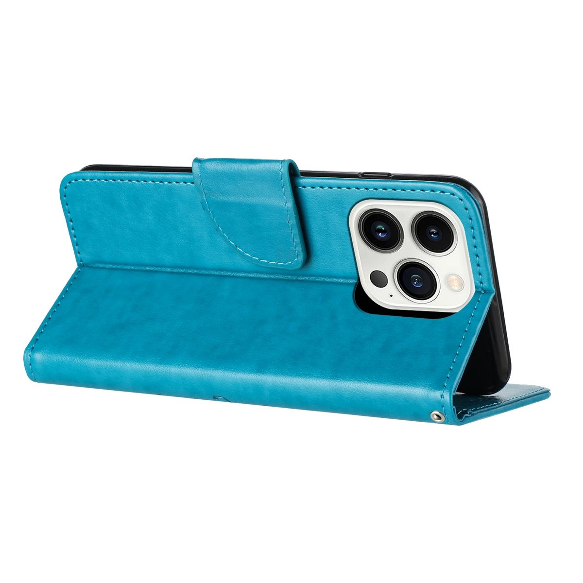 Blaue Handyhülle, geöffnet, zeigt ein Telefon mit drei Kameras.