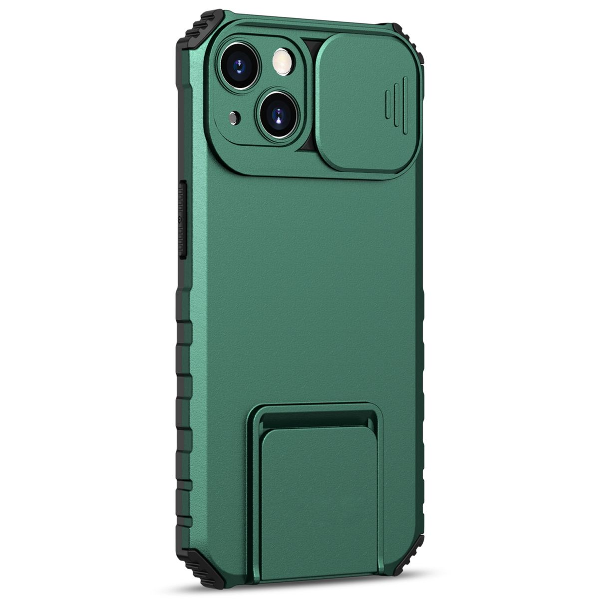 Grüne Handyhülle mit Kameraobjektivabdeckung und Ständer. Schwarze Akzente, strukturierte Oberfläche. Schützendes Design.