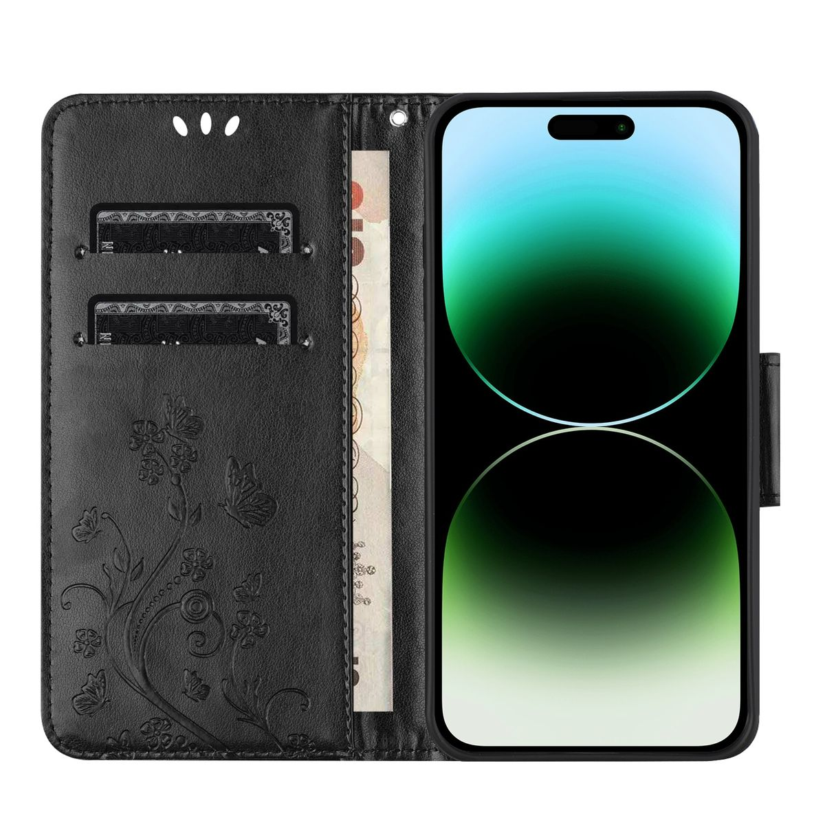 Schwarze Handyhülle mit einem Telefon, das einen grünen Bildschirm anzeigt. Blumen und eine Geldbörse sind sichtbar. Weißer Hintergrund.