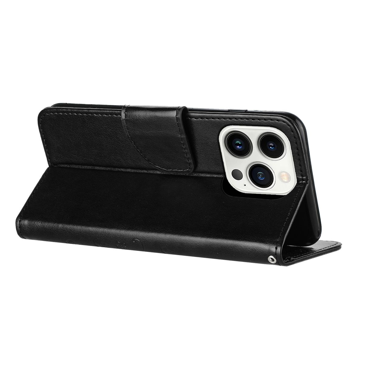 Schwarze Handyhülle mit Telefon, geöffnet, um Bildschirm und Kamera zu zeigen.