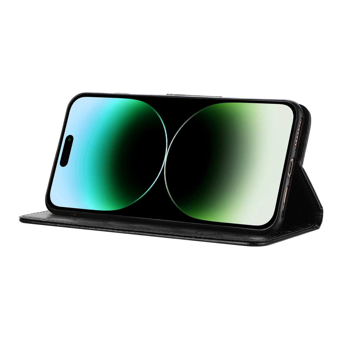 Geöffnete Handyhülle mit Telefon. Schwarze Farbe.
