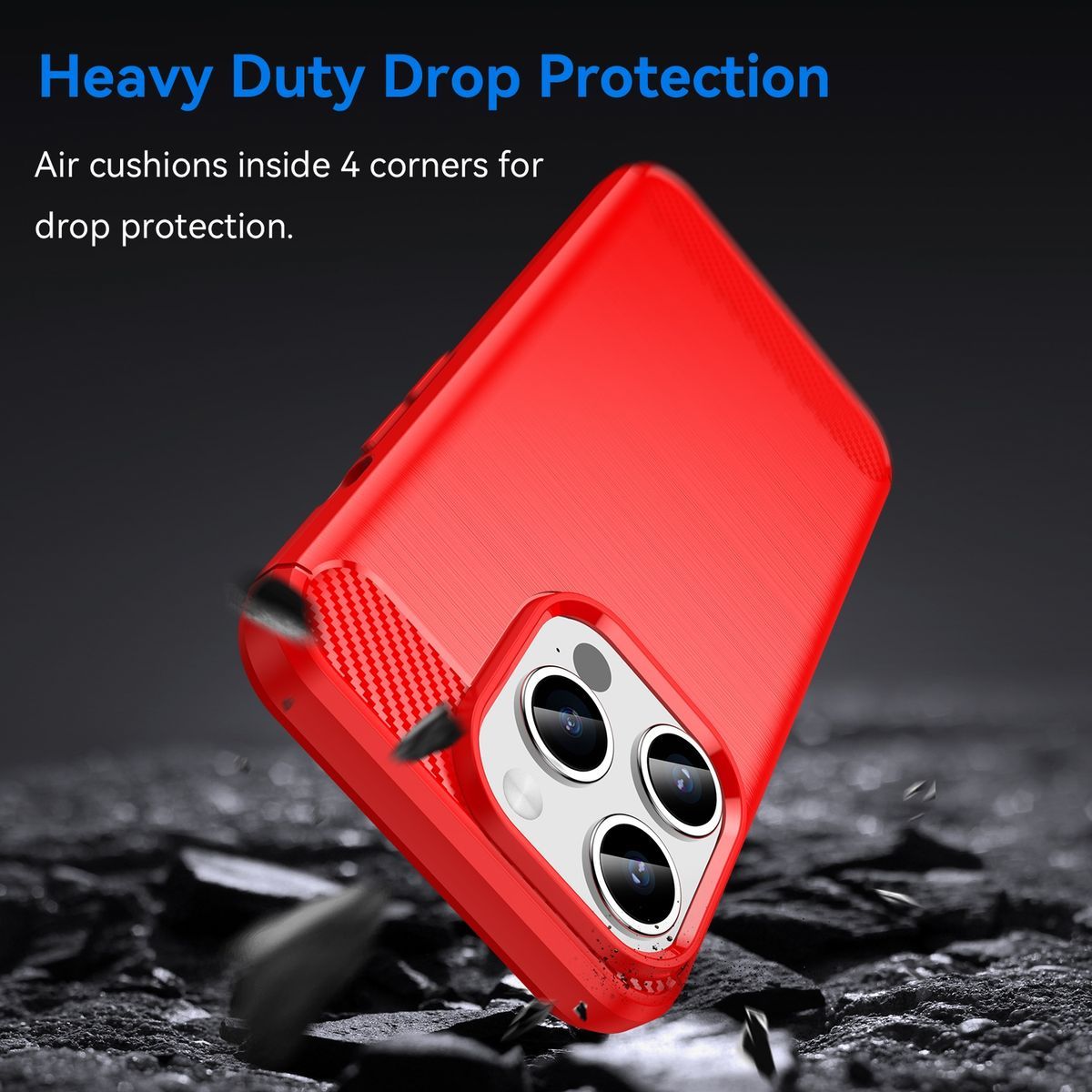 Rote Handyhülle mit Telefon darin. Die Hülle fällt mit Trümmern. Text Heavy Duty Drop Protection.