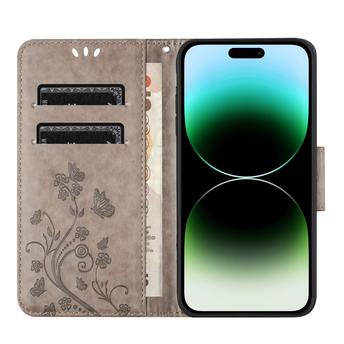 Graues Handy-Case offen. Zeigt den Bildschirm des Telefons. Verziert mit Blumenmustern und Schmetterlingen.