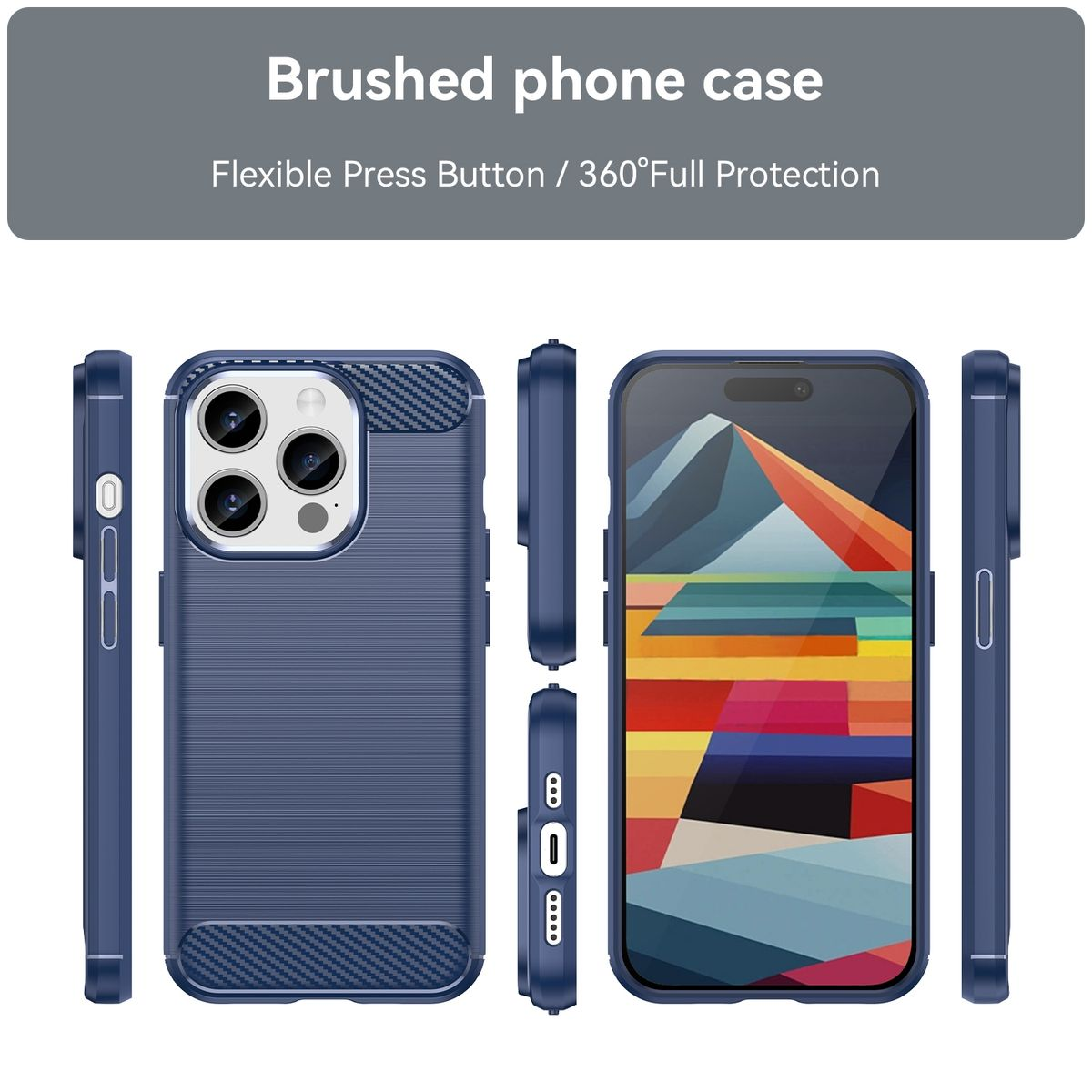 Mehrere Ansichten einer marineblauen Handyhülle, mit einem Telefon darin.