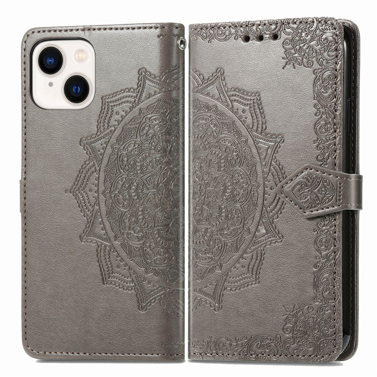 Graue Handyhülle mit Mandala-Design. Geöffnet, mit dem Telefon darin. Detailliertes Muster.