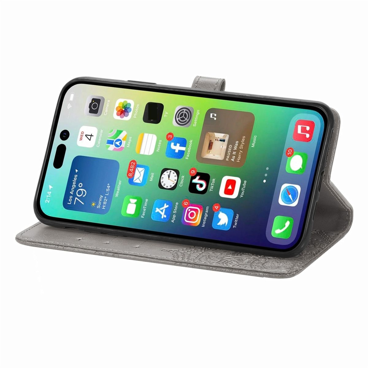 Telefon in einer grauen Handyhülle, zeigt den Home-Bildschirm.