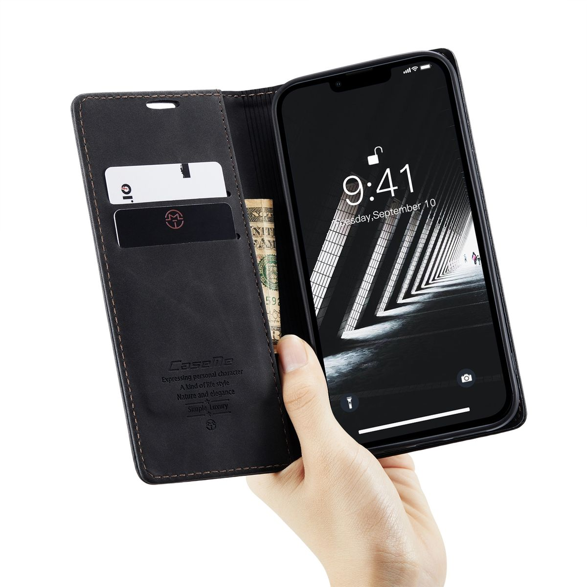 Geöffnete Handyhülle mit Telefon, Karten und Geldschein sichtbar.