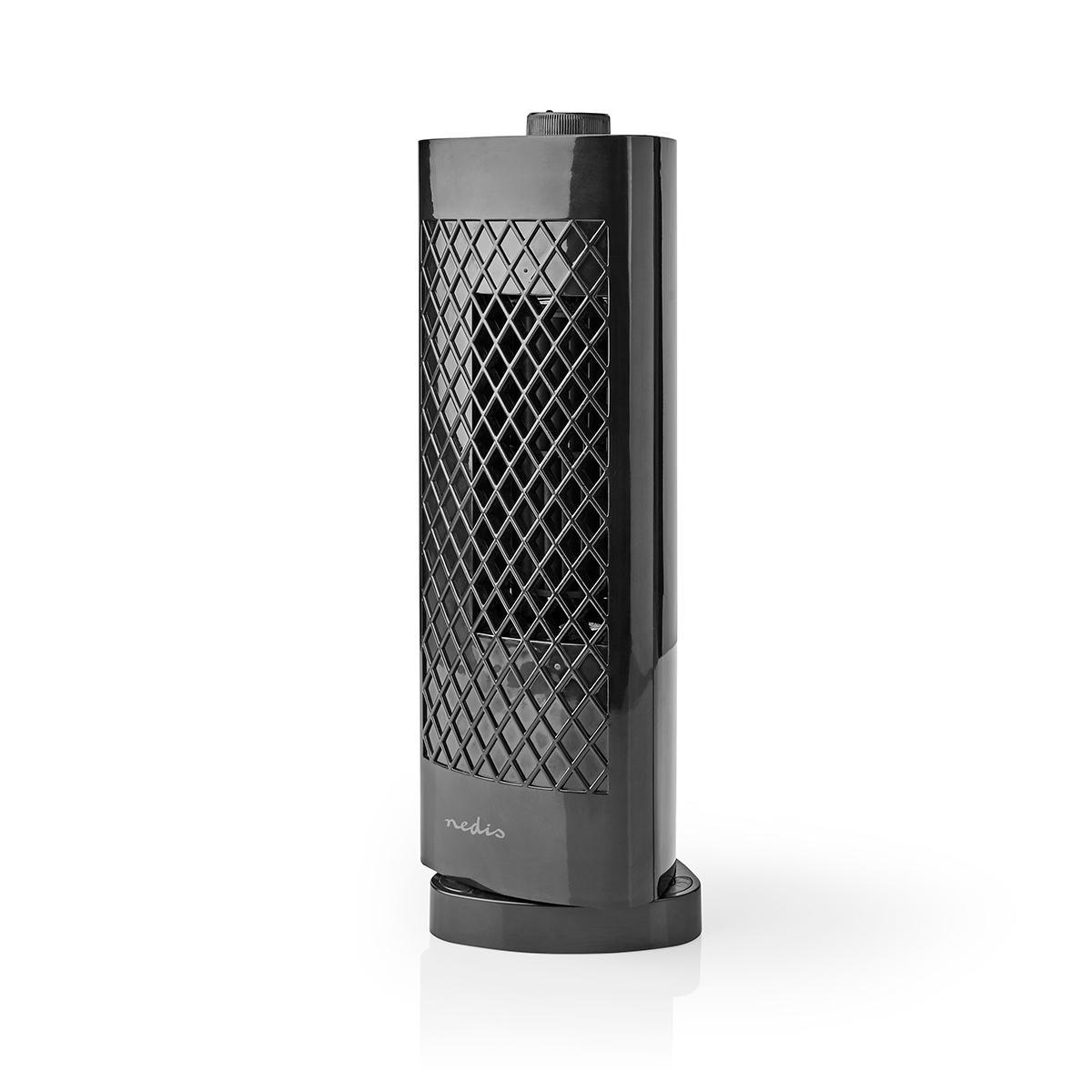 Ventilatore a torre nero. Griglia frontale a motivo diamantato, con base nera. Sfondo bianco.