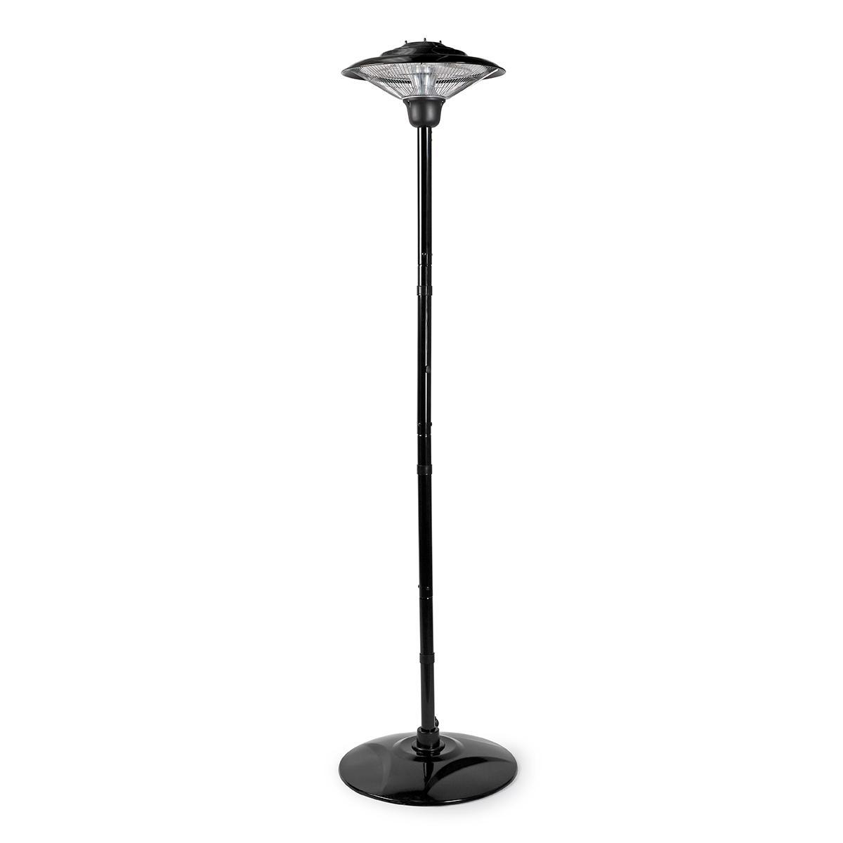 Una lampada riscaldatore esterna alta e nera con base circolare e luce in alto.