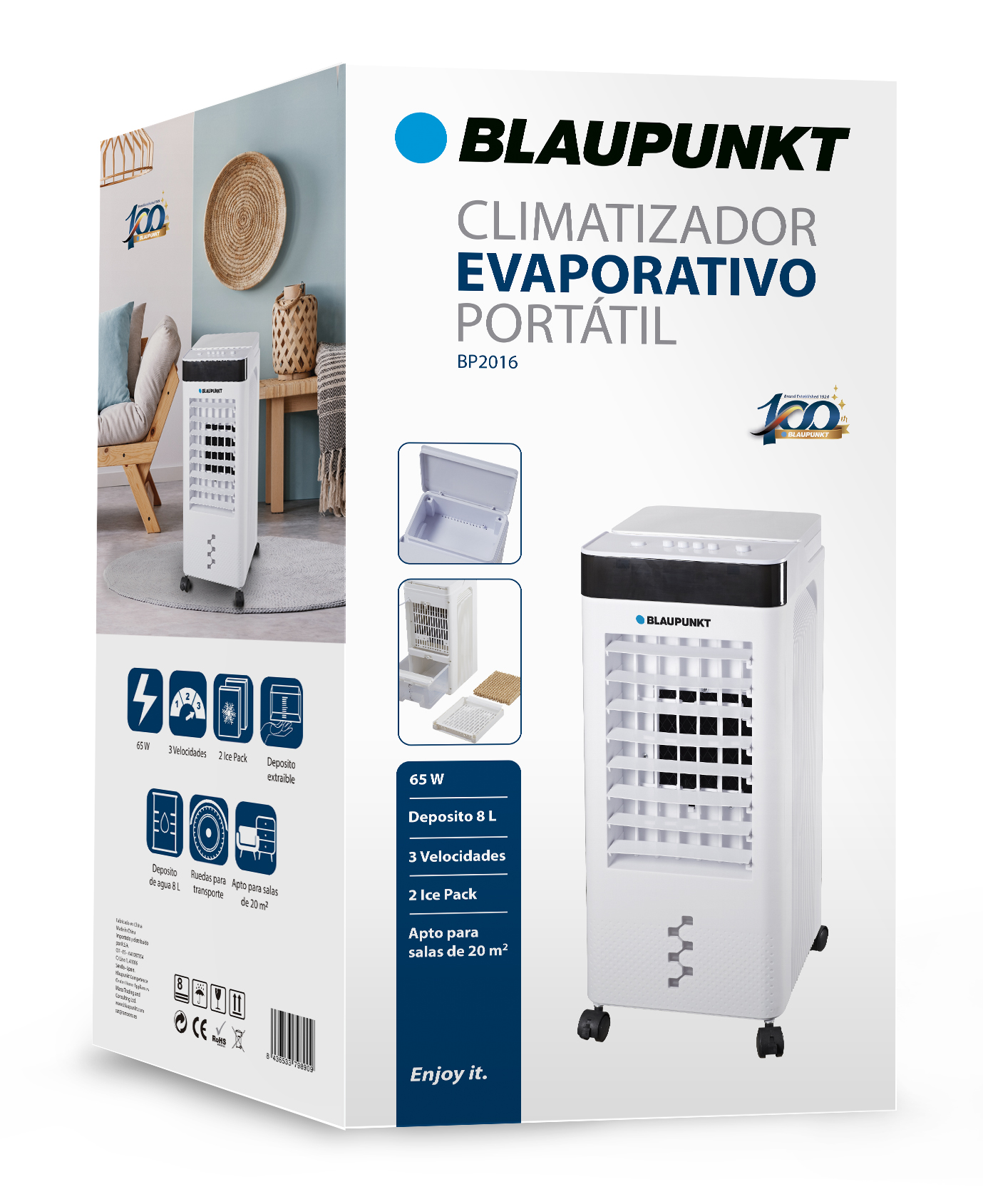 Caja con el logo 'BLAUPUNKT', diagrama de enfriador evaporativo y texto en varios idiomas.