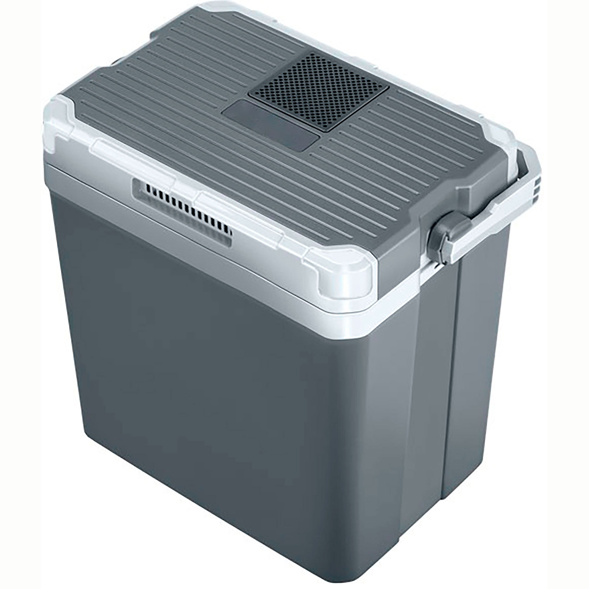 Grau-weiße tragbare Kühlbox mit Griff, Deckel und Luftauslass.