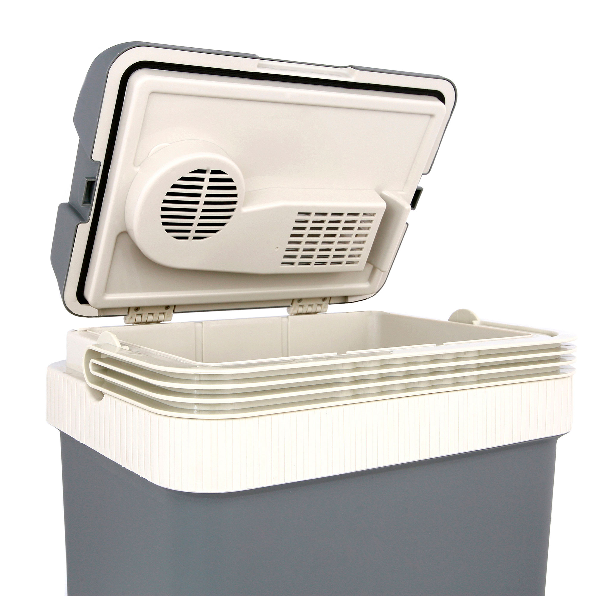 Grauer und weißer Kühler mit offenem Deckel, der das Innere zeigt. Das Innere hat einen weißen Ventilator.