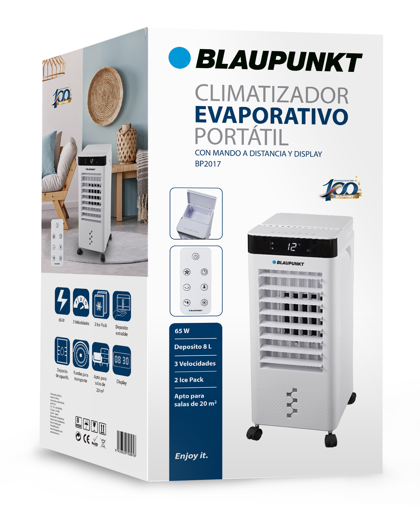 Enfriador evaporativo portátil Blaupunkt blanco con pantalla. Accesorios en la caja.