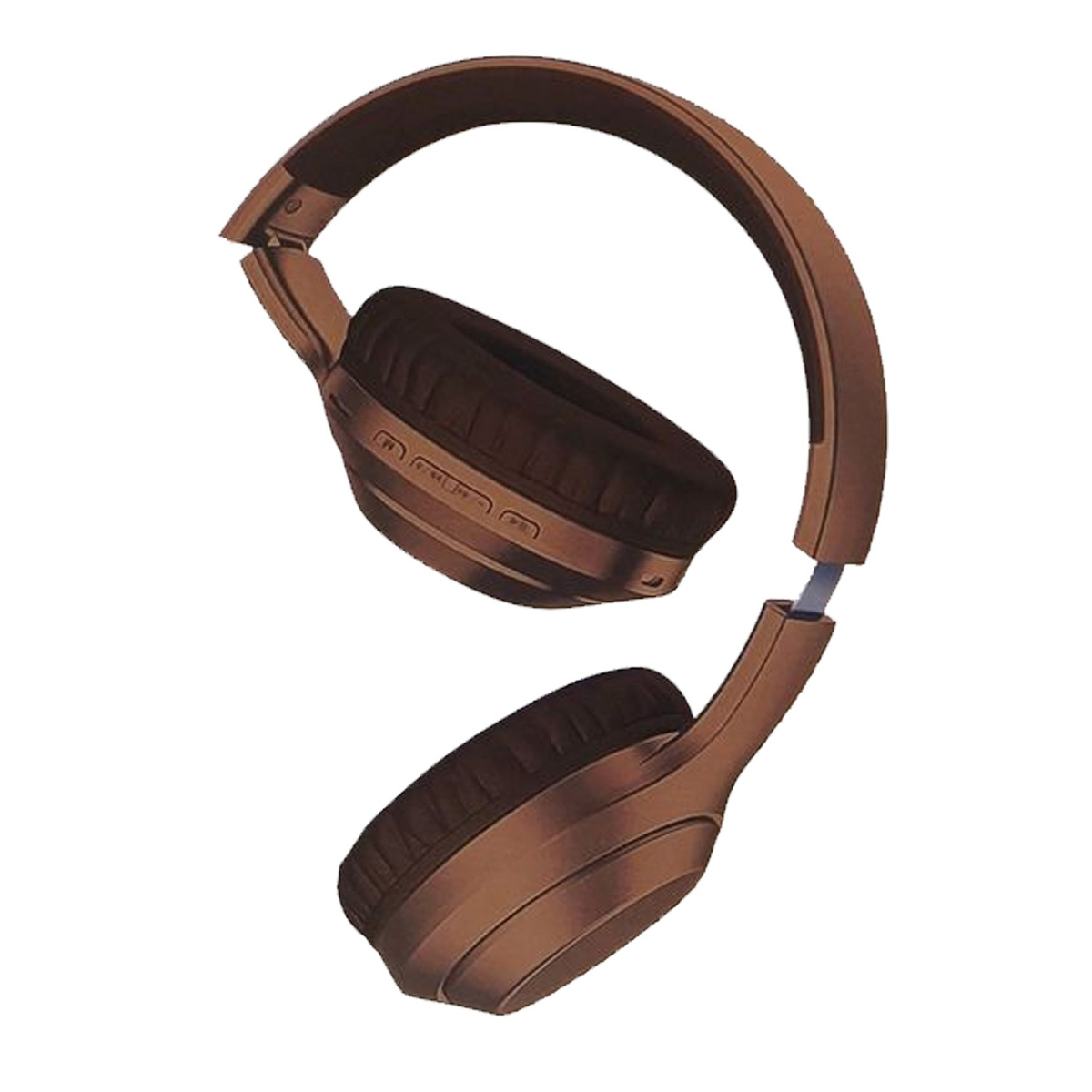 Auriculares marrones, suspendidos en el aire. Los auriculares son marrones, con almohadillas y una banda de conexión.
