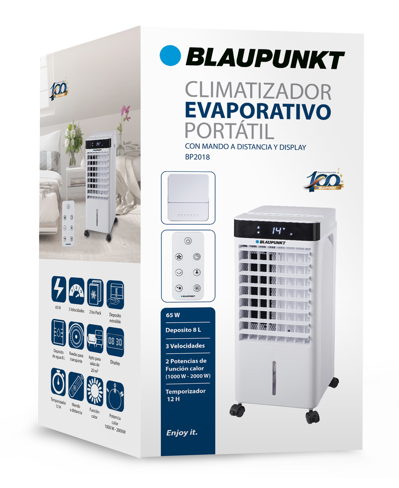 Enfriador evaporativo blanco con panel de control y mando a distancia.