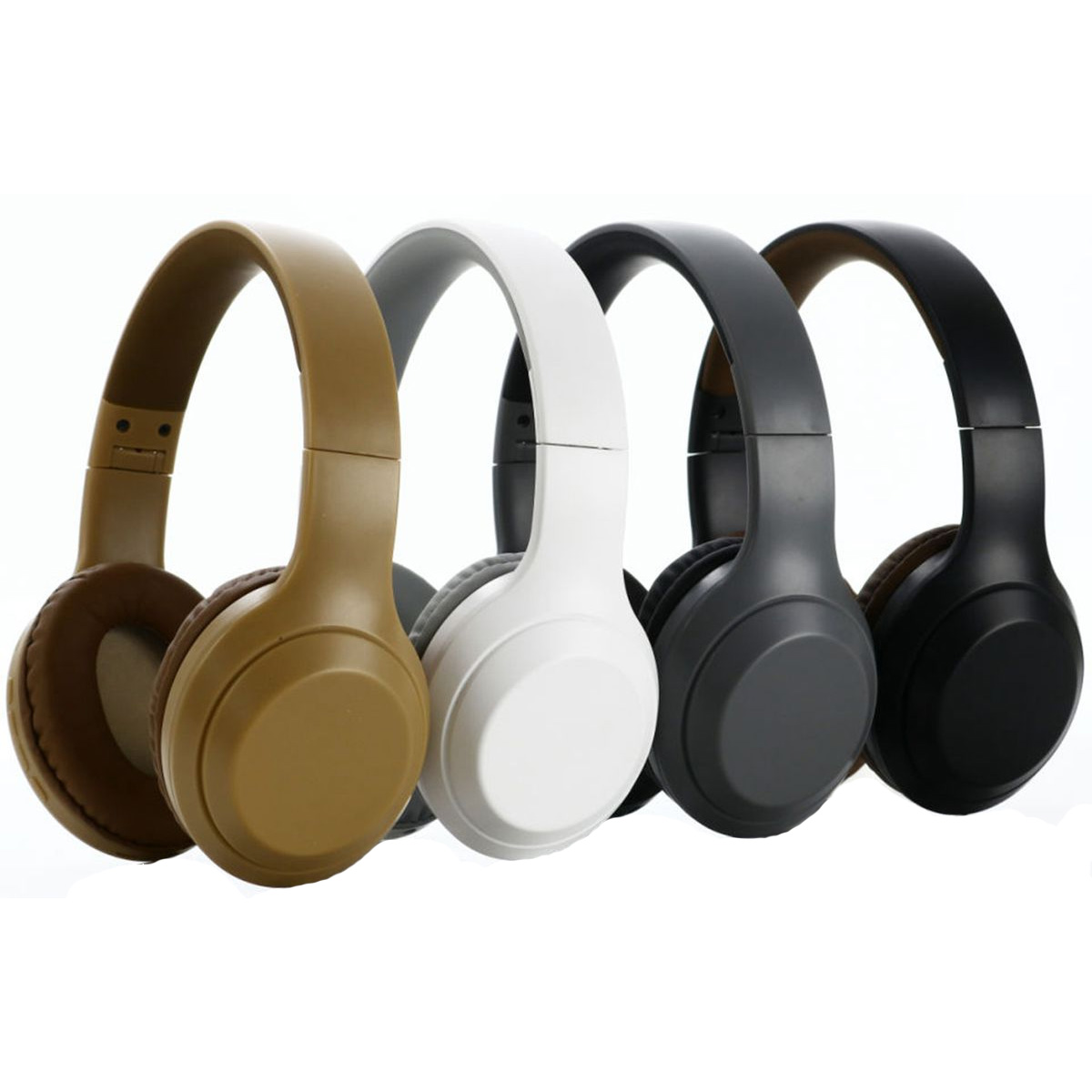 Cuatro auriculares en fila: marrón, beige, blanco, gris y negro.