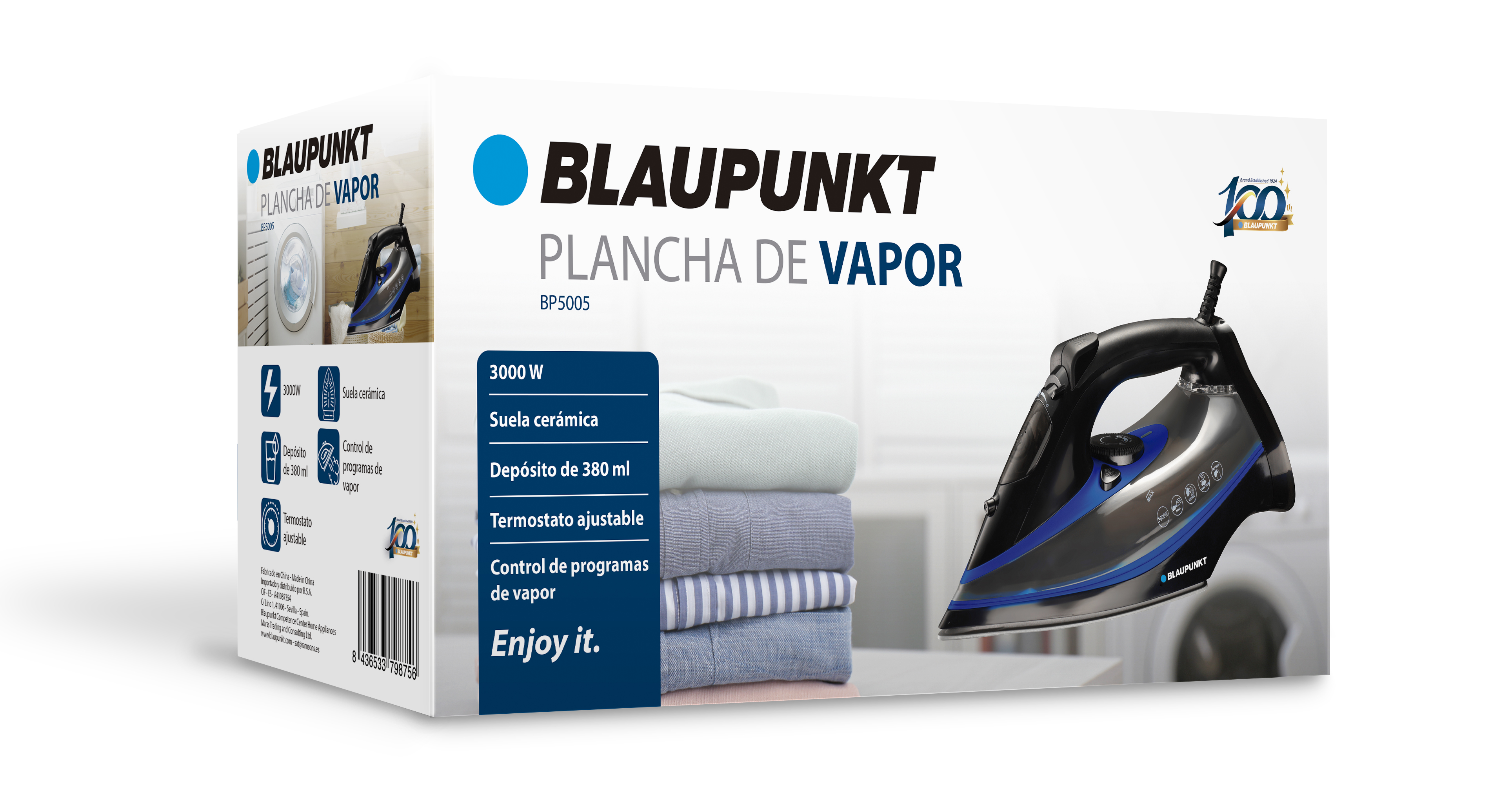 Scatola ferro da stiro a vapore Blaupunkt, con ferro e testo sulle funzioni.