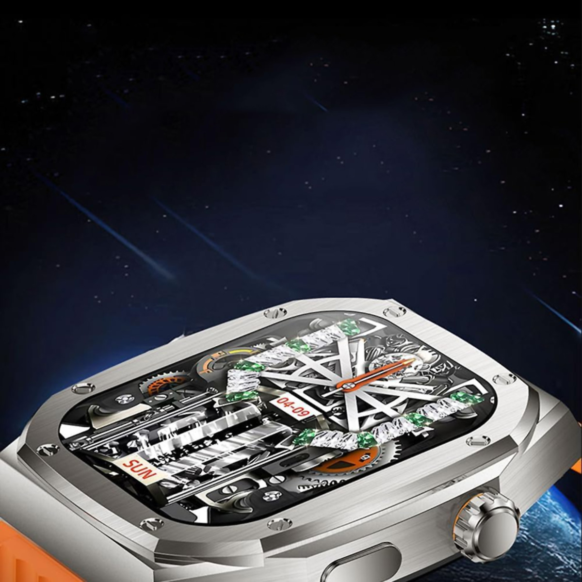 Reloj plateado y naranja con mecánica visible. Fondo negro con rayos de luz.
