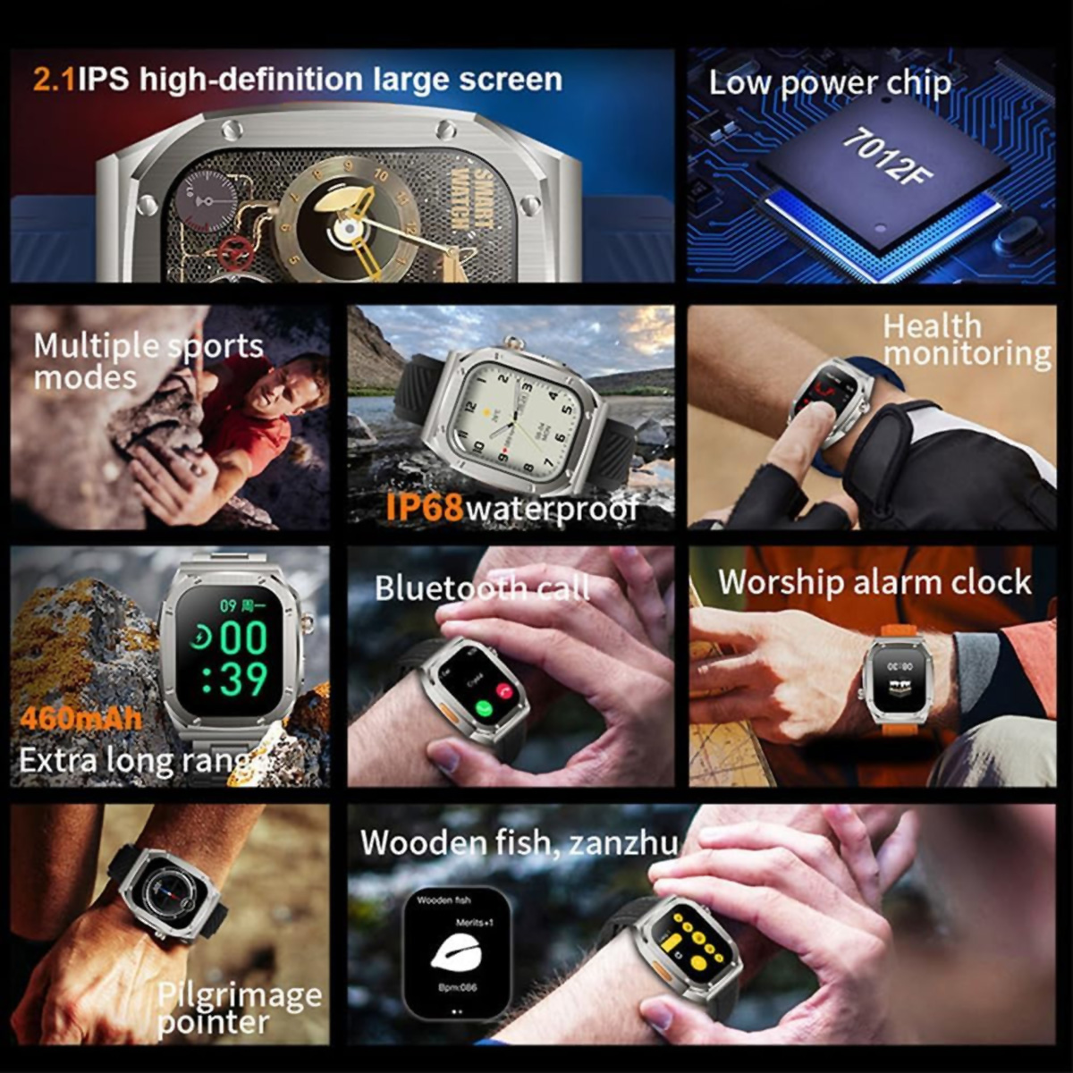 Un collage de funciones de smartwatch: múltiples modos deportivos, control de salud y hora.