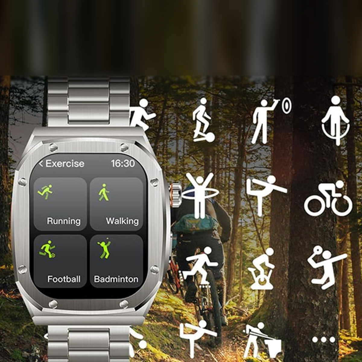 Un reloj inteligente con iconos de ejercicio en pantalla, frente a un fondo borroso de bosque.