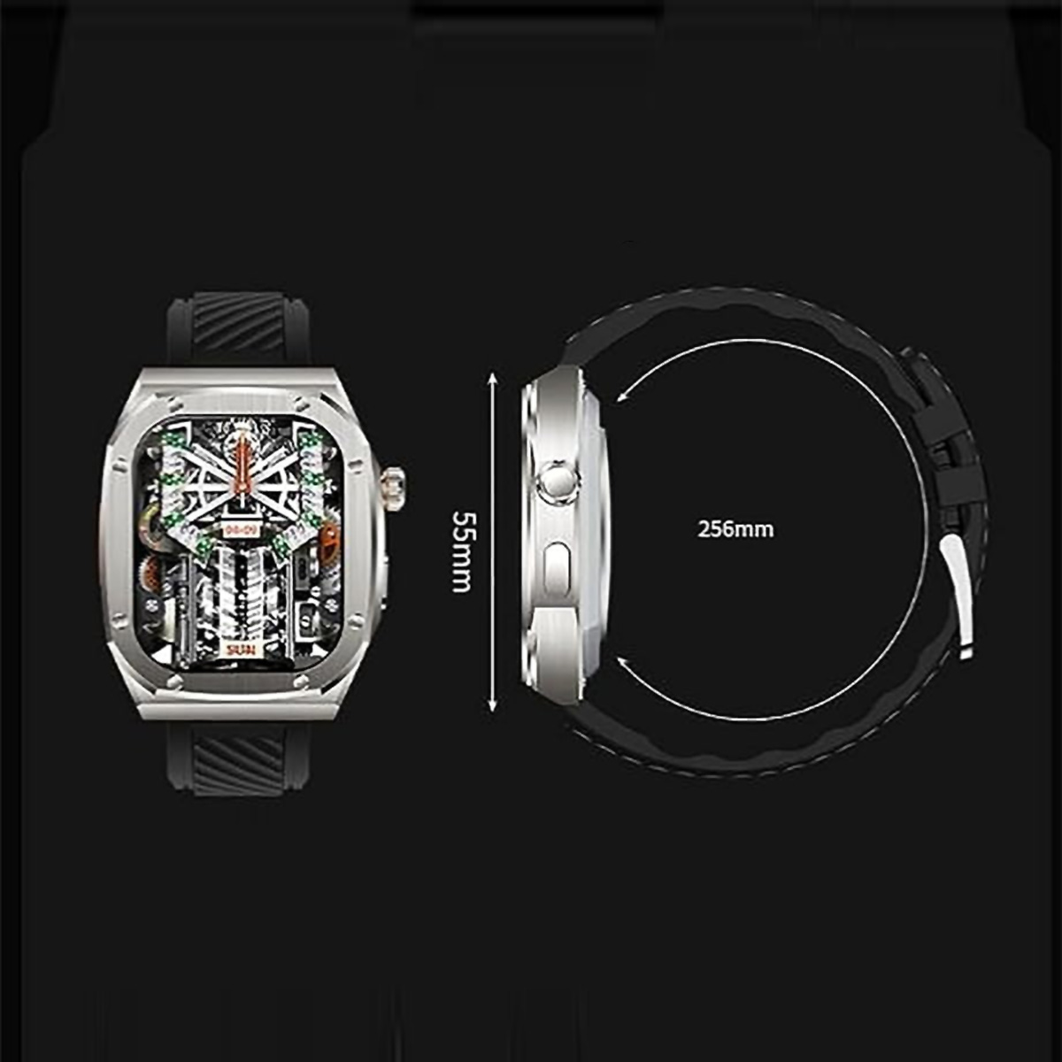 Reloj inteligente plateado y negro con esfera detallada y correa negra, sobre fondo negro.