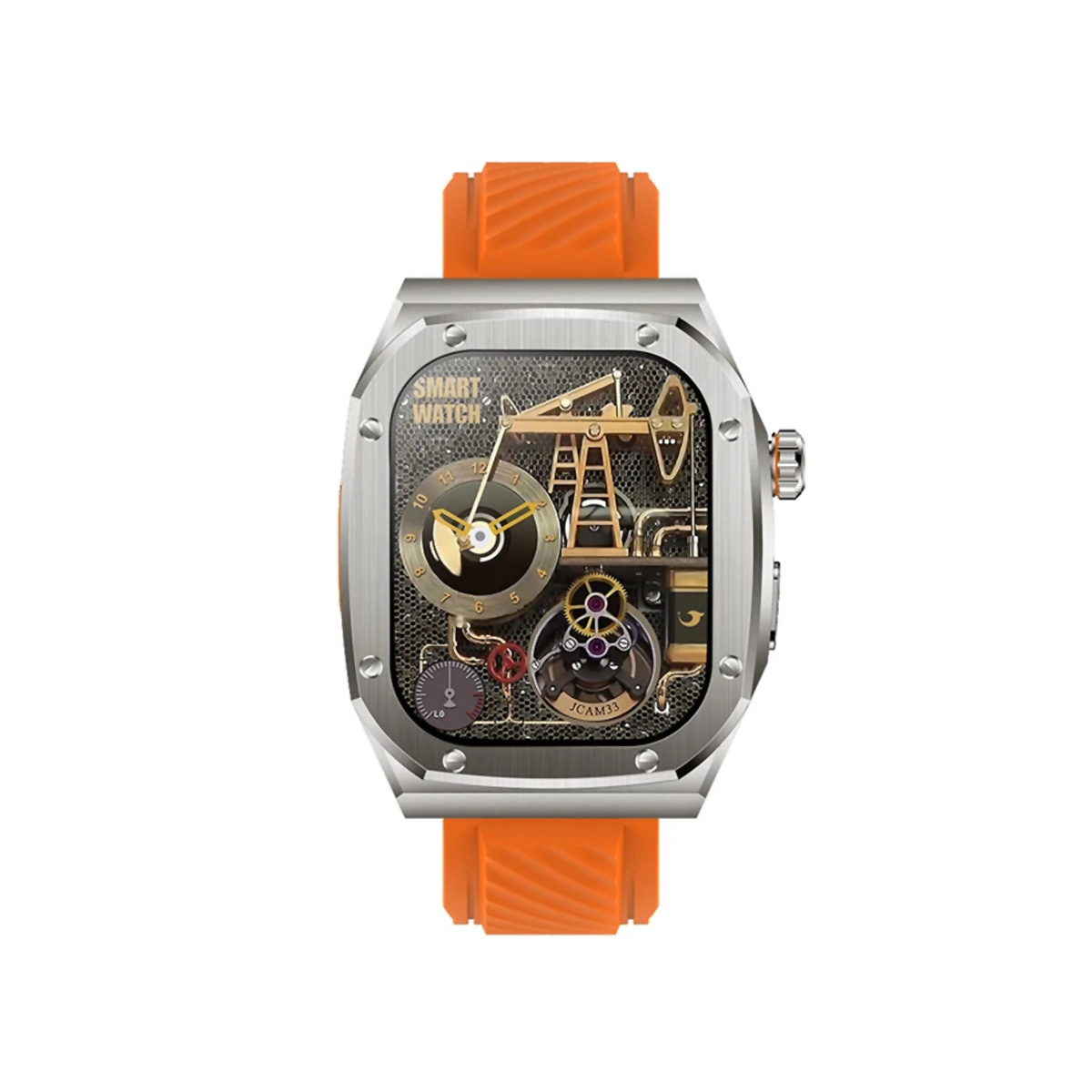 Smartwatch con diseño de bomba de aceite. Correa naranja. Caja plateada. La pantalla muestra engranajes y bomba.