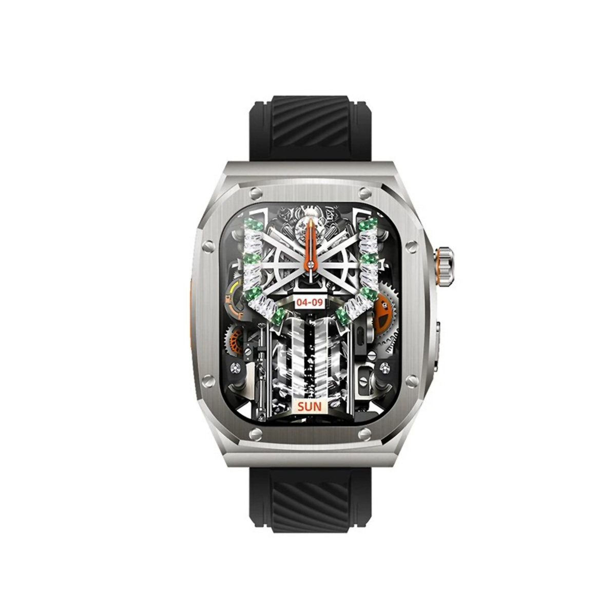 Reloj plateado y negro, esfera transparente, mostrando engranajes y la palabra 'SUN'.