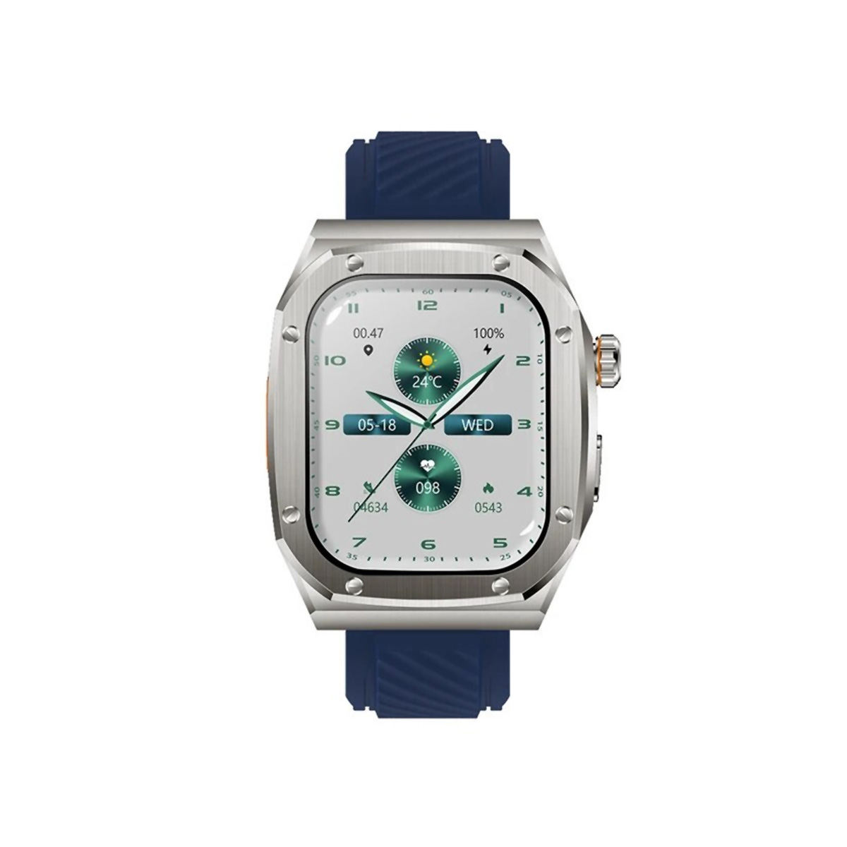 Smartwatch con caja plateada y correa azul, mostrando la hora y fecha.