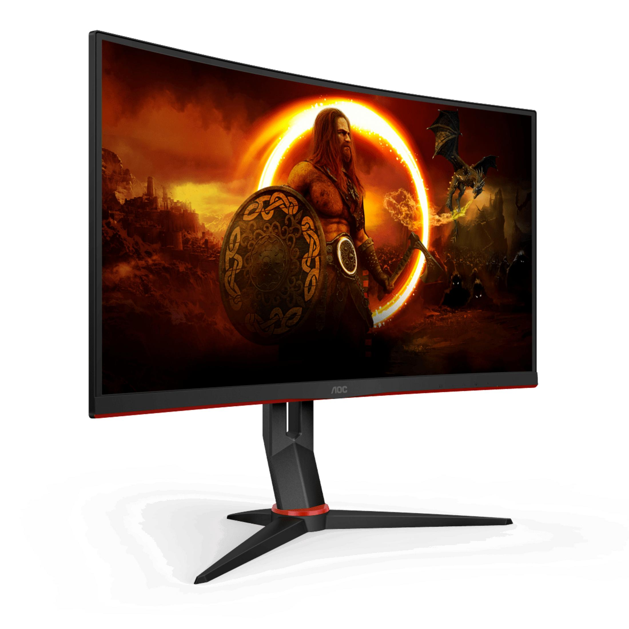 AOC Curved Monitor mit Spielbild. Ein Mann mit Schwert und Schild.