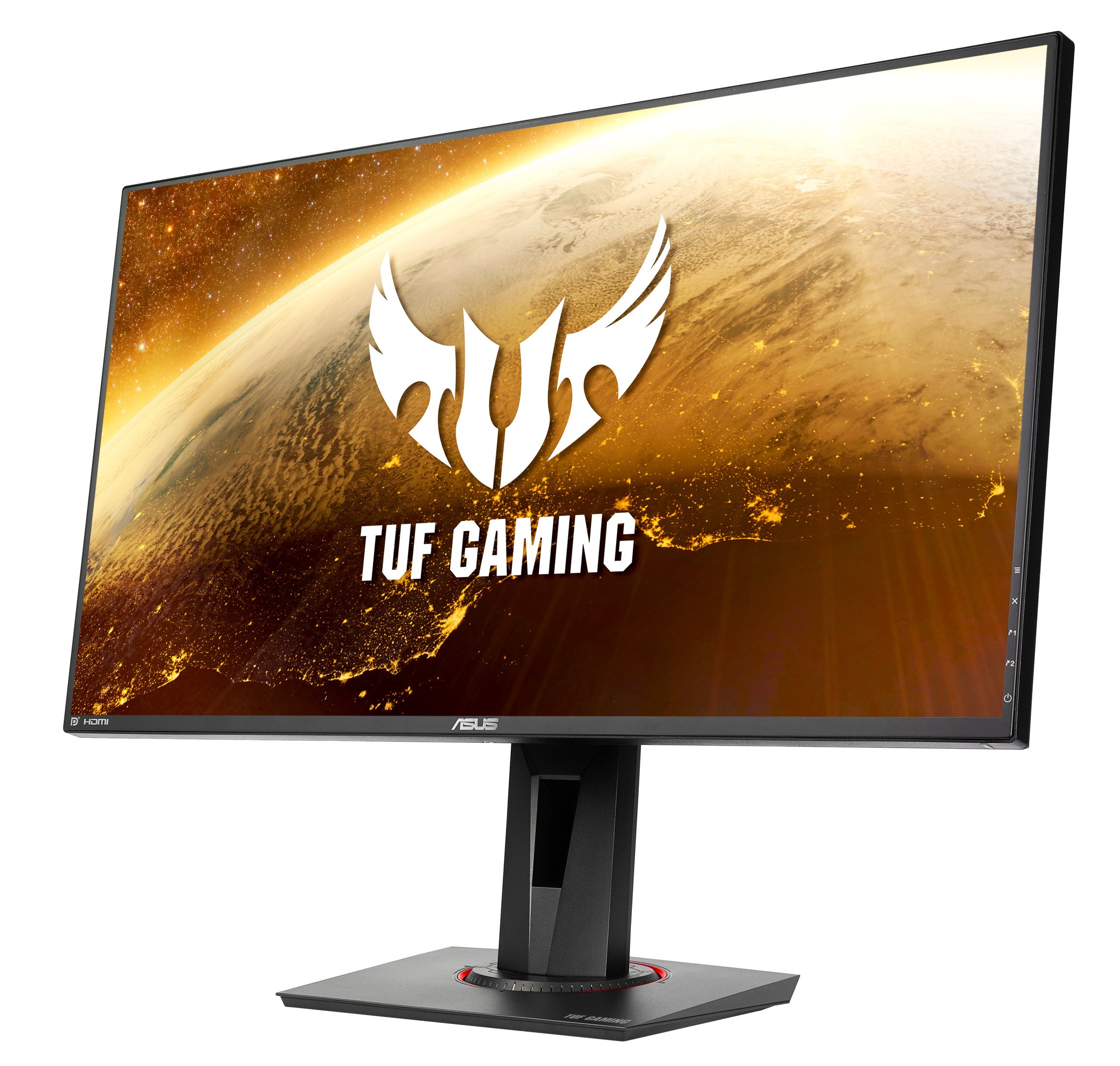 Monitor do gier z szerokim ekranem wyświetla mapę świata z logo 'TUF GAMING'.