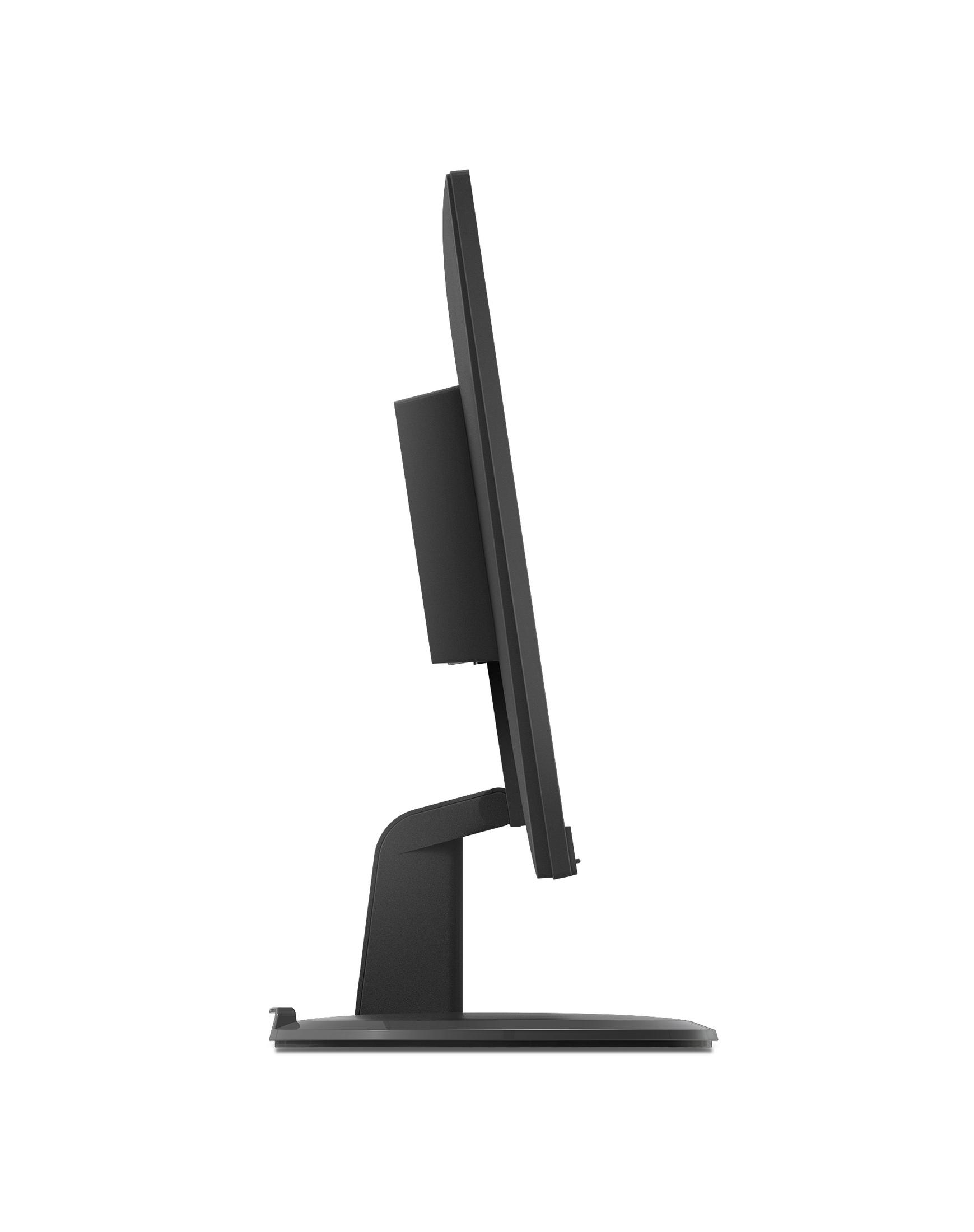 Czarny monitor komputera w profilu, na białym tle.