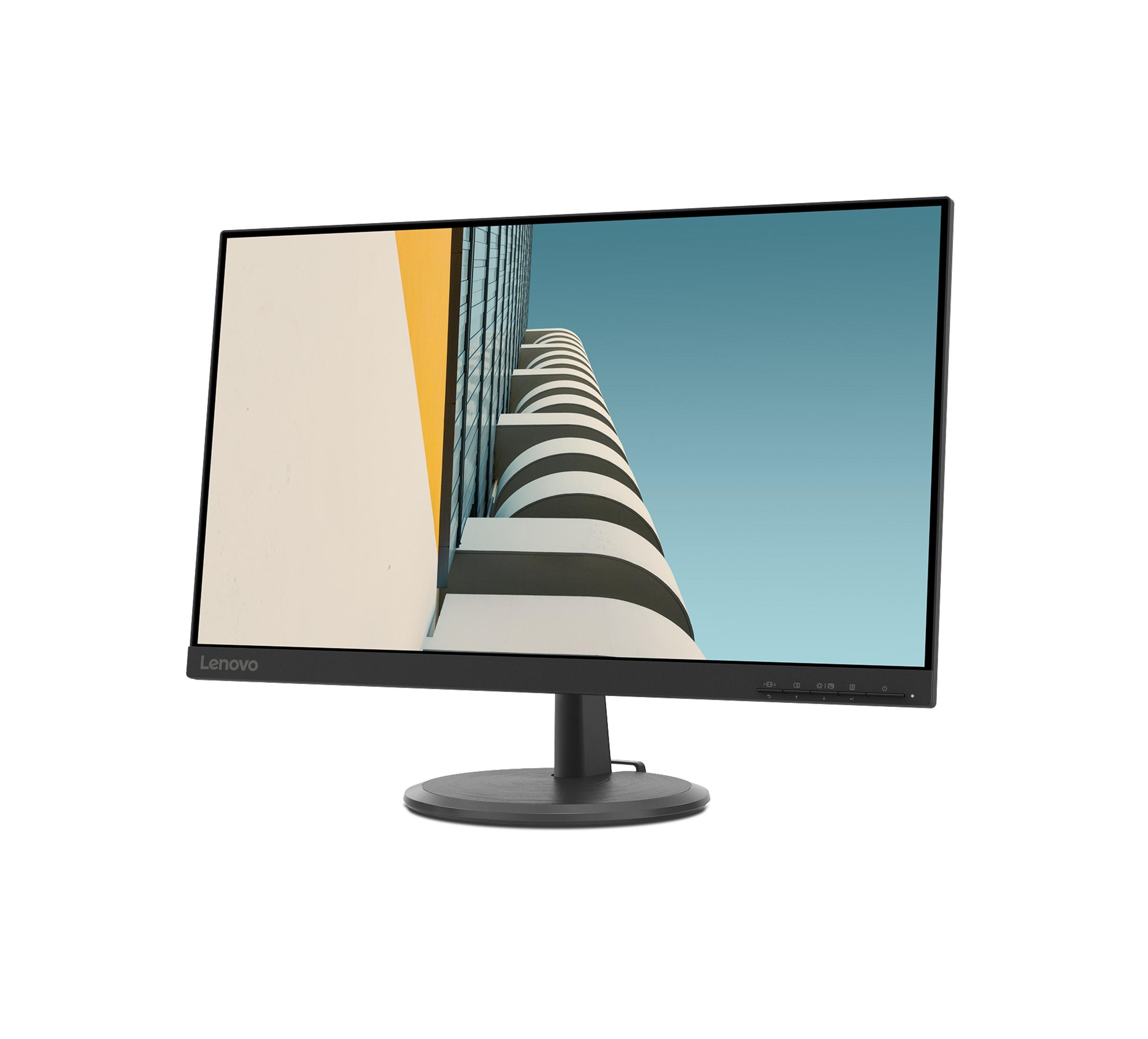 Czarny monitor Lenovo wyświetlający budynek miejski. Monitor stoi na czarnym stojaku, białe tło.