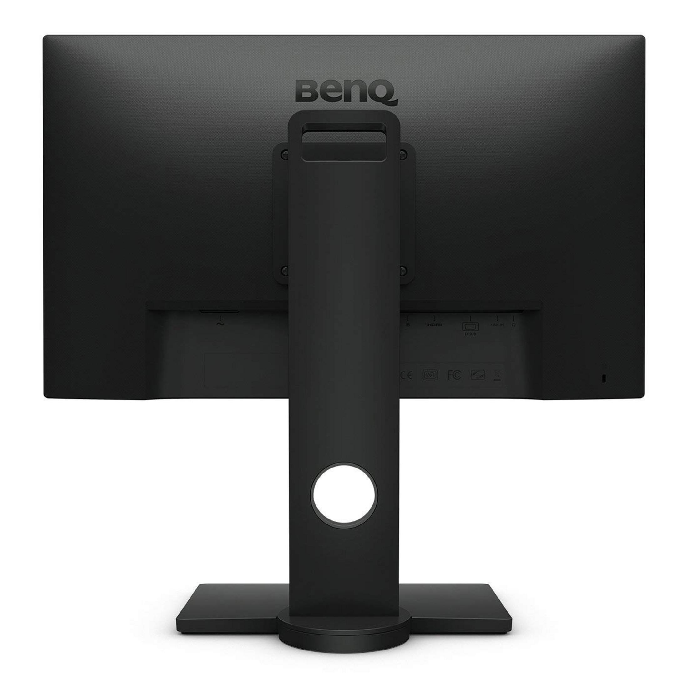 Retro di un monitor per computer nero con supporto. Il logo BenQ è in alto. Ci sono porte in basso.