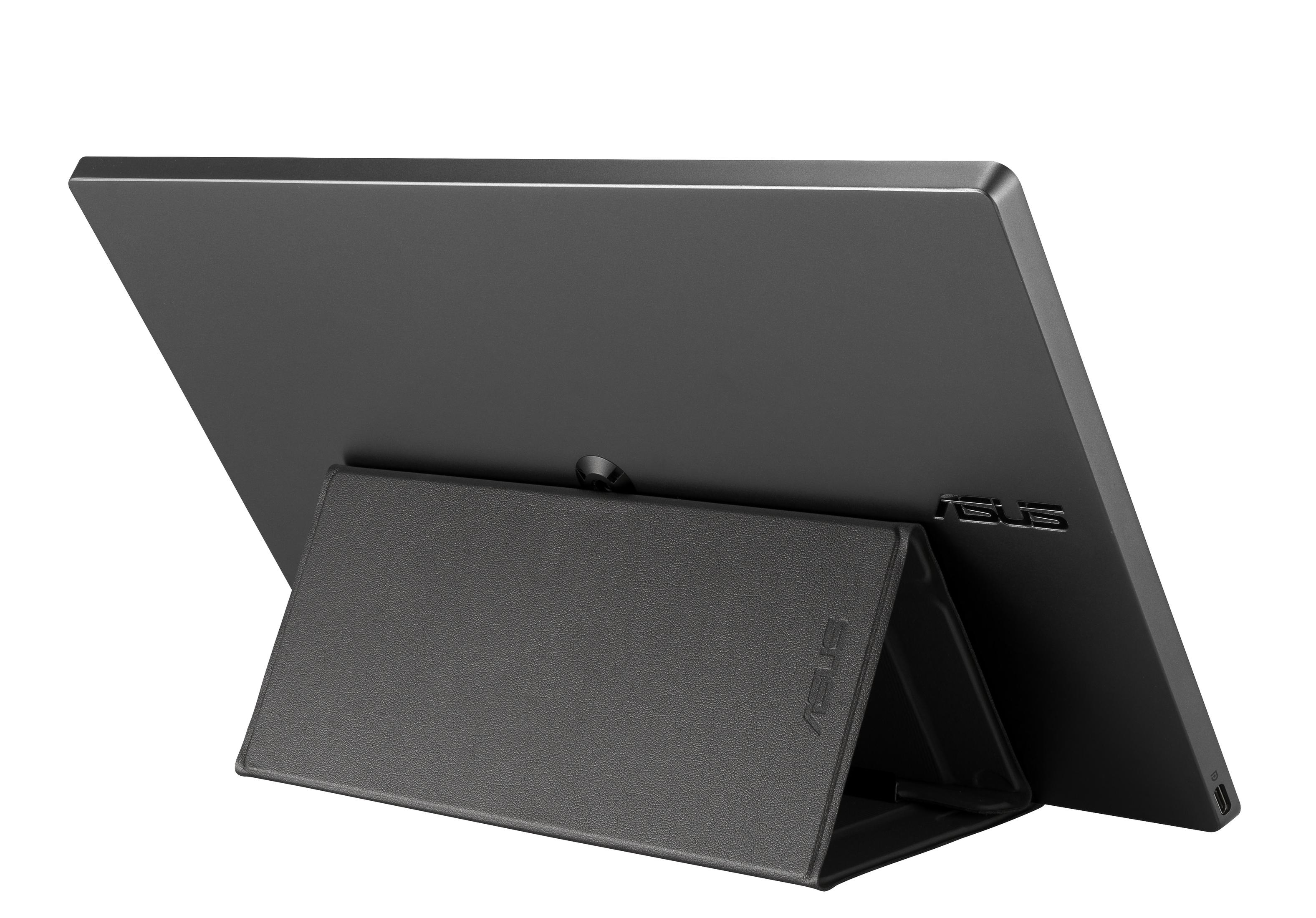 Czarny tablet w stojaku, widok z tyłu, z logo Asus.