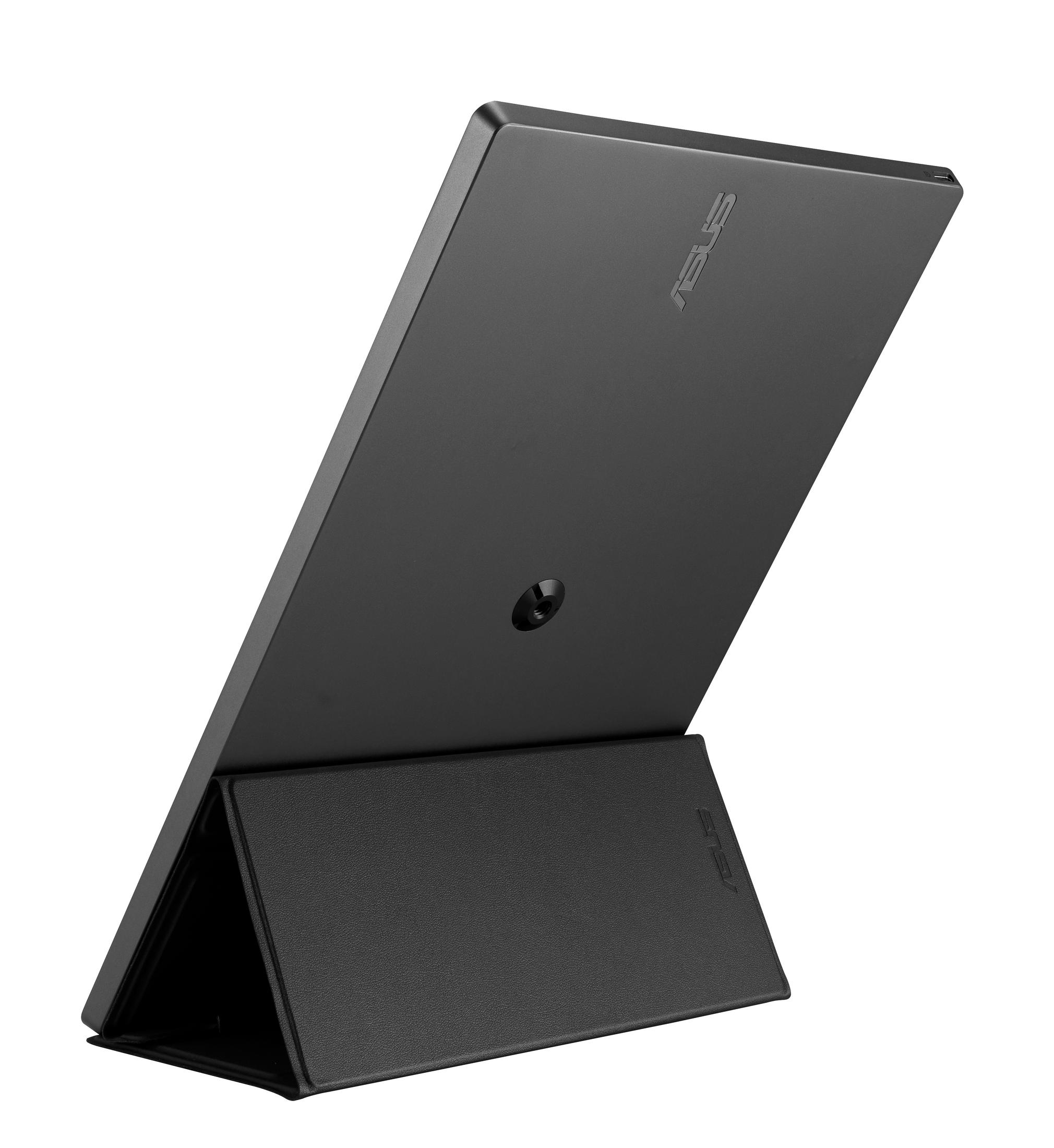 Czarny tablet na czarnym stojaku. Logo ASUS jest widoczne.
