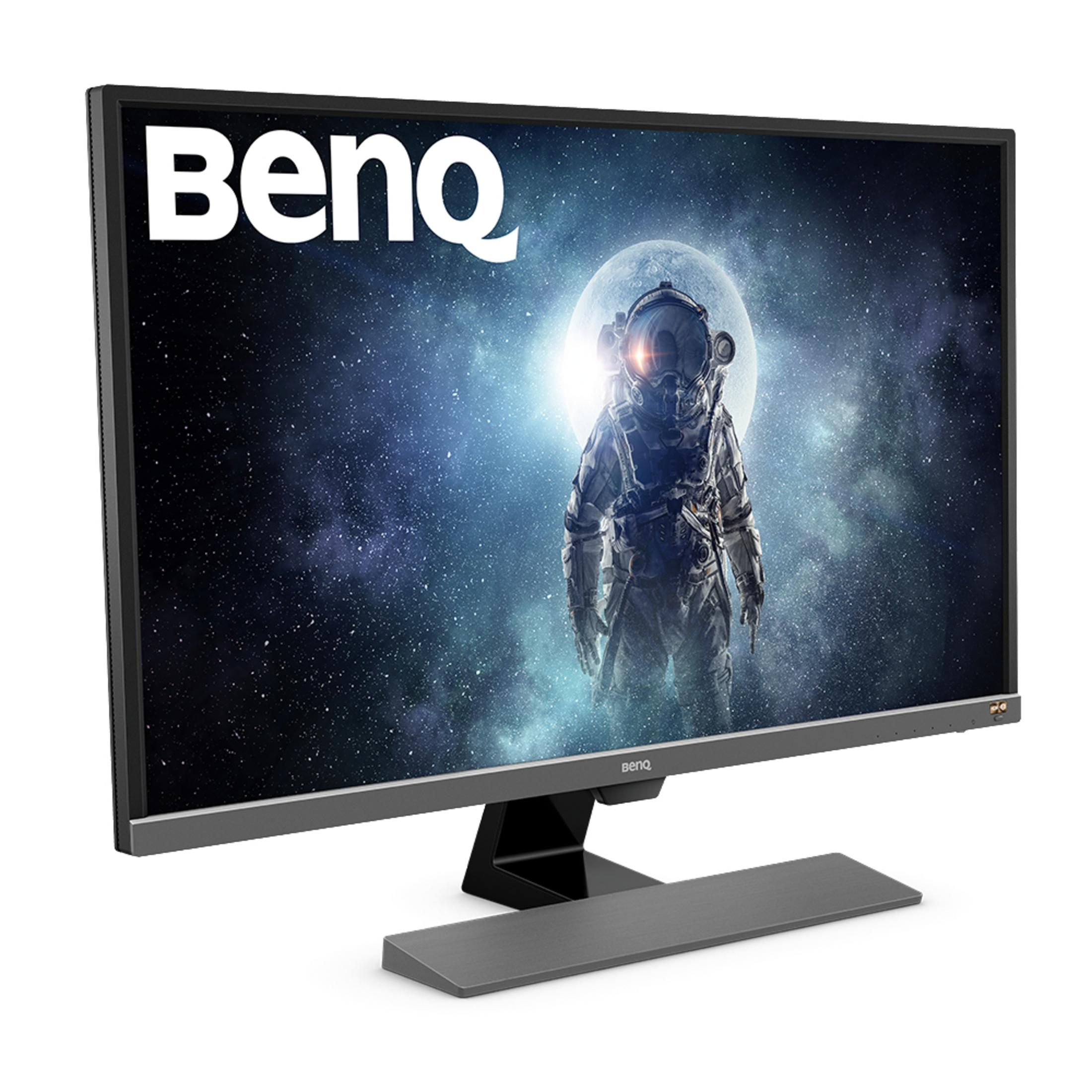 Schwarzer BenQ-Monitor mit Astronaut auf dem Mond. Der Monitor steht auf einem Ständer.