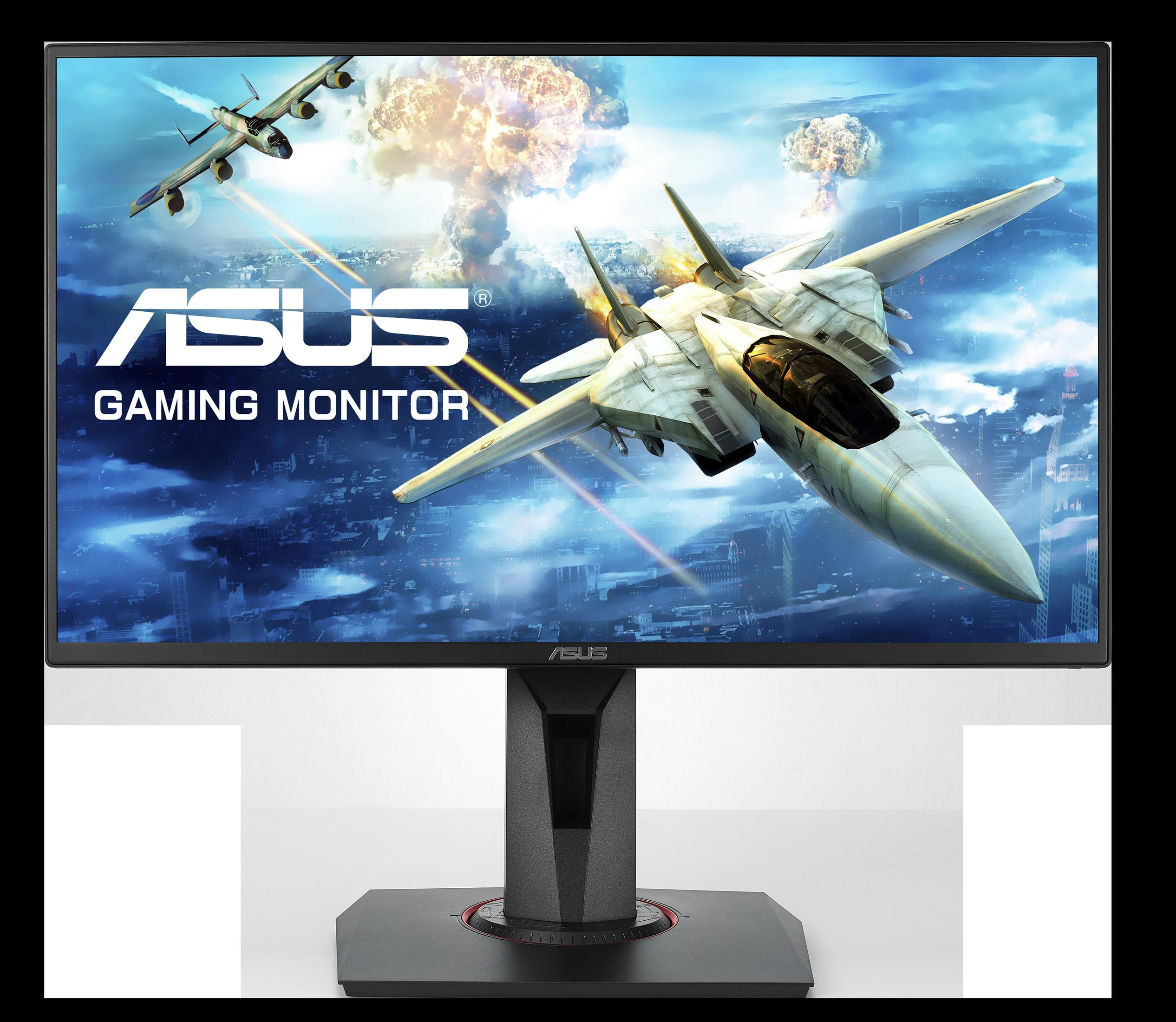 Gaming-Monitor mit Kampfjets auf dem Bildschirm, schwarzer Ständer.