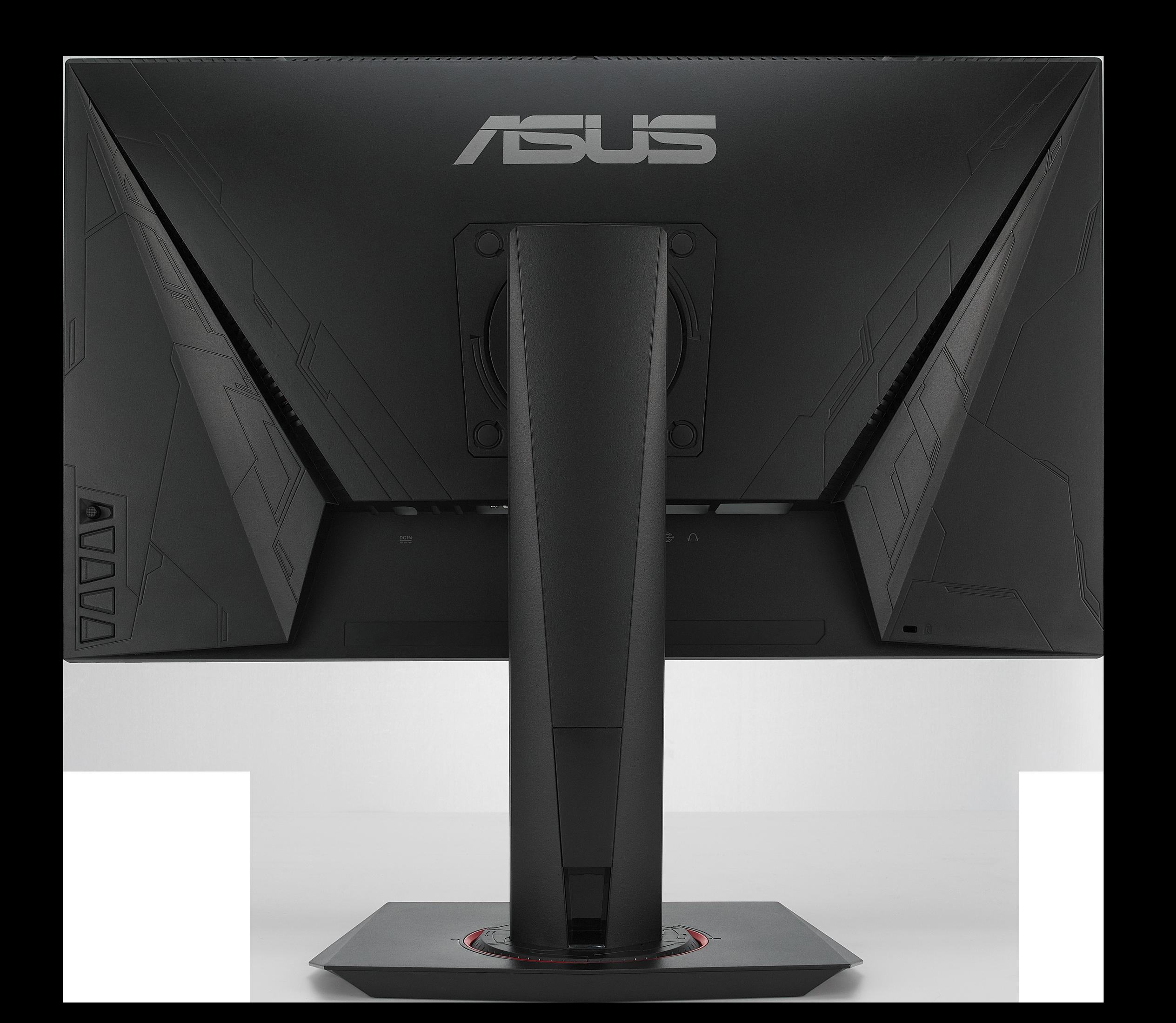 Die Rückseite eines schwarzen Computermonitors wird gezeigt, wobei das ASUS-Logo prominent angezeigt wird.