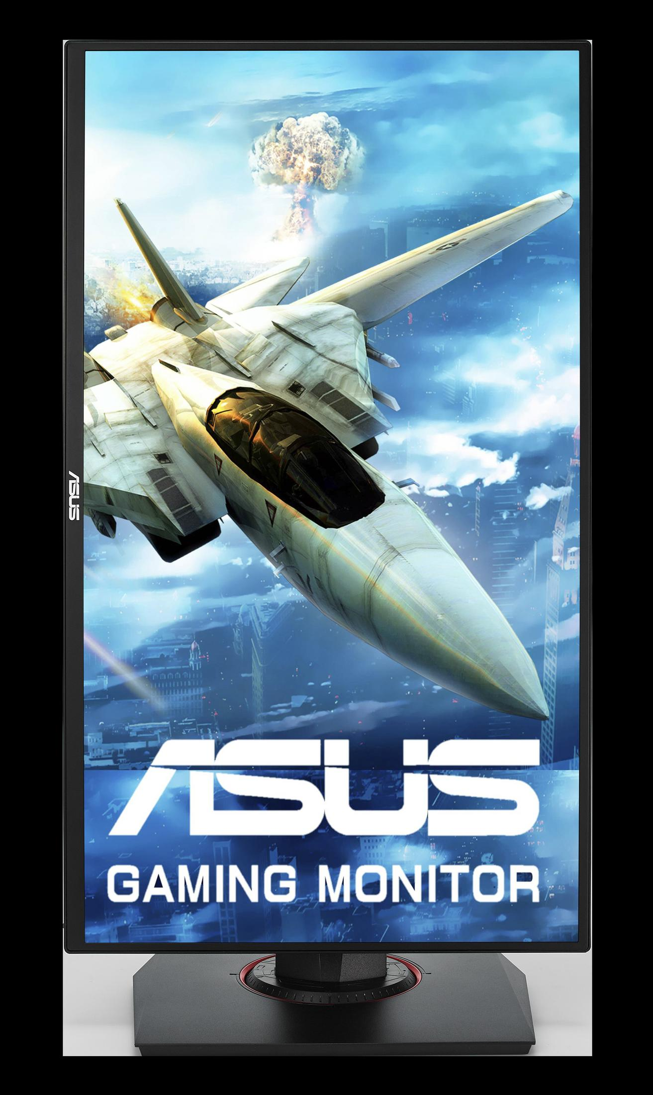 Gaming-Monitor, der eine Szene eines Jets am Himmel anzeigt. Der Monitor ist schwarz mit ASUS-Text.