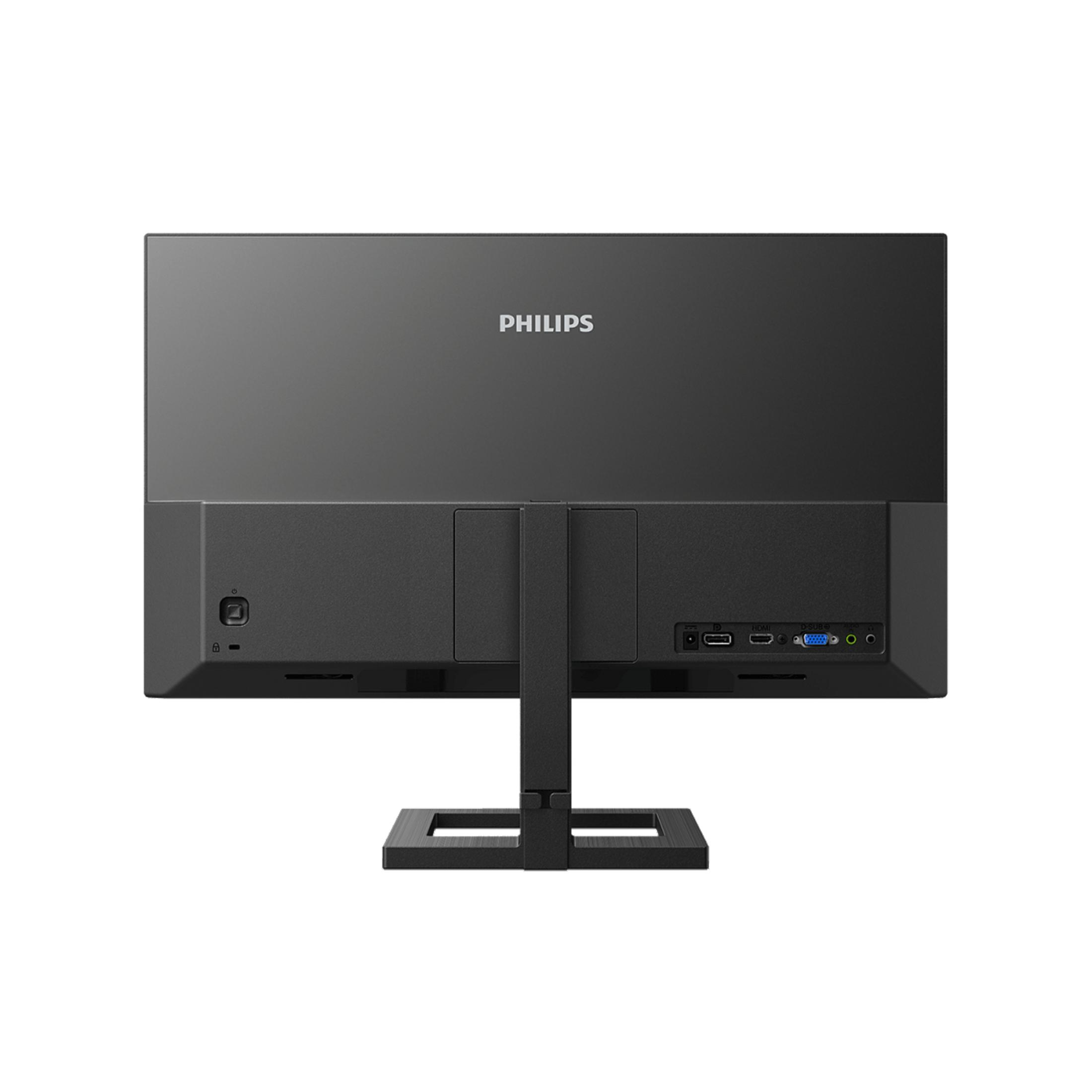 Vista posteriore di un monitor Philips nero con porte e supporto.