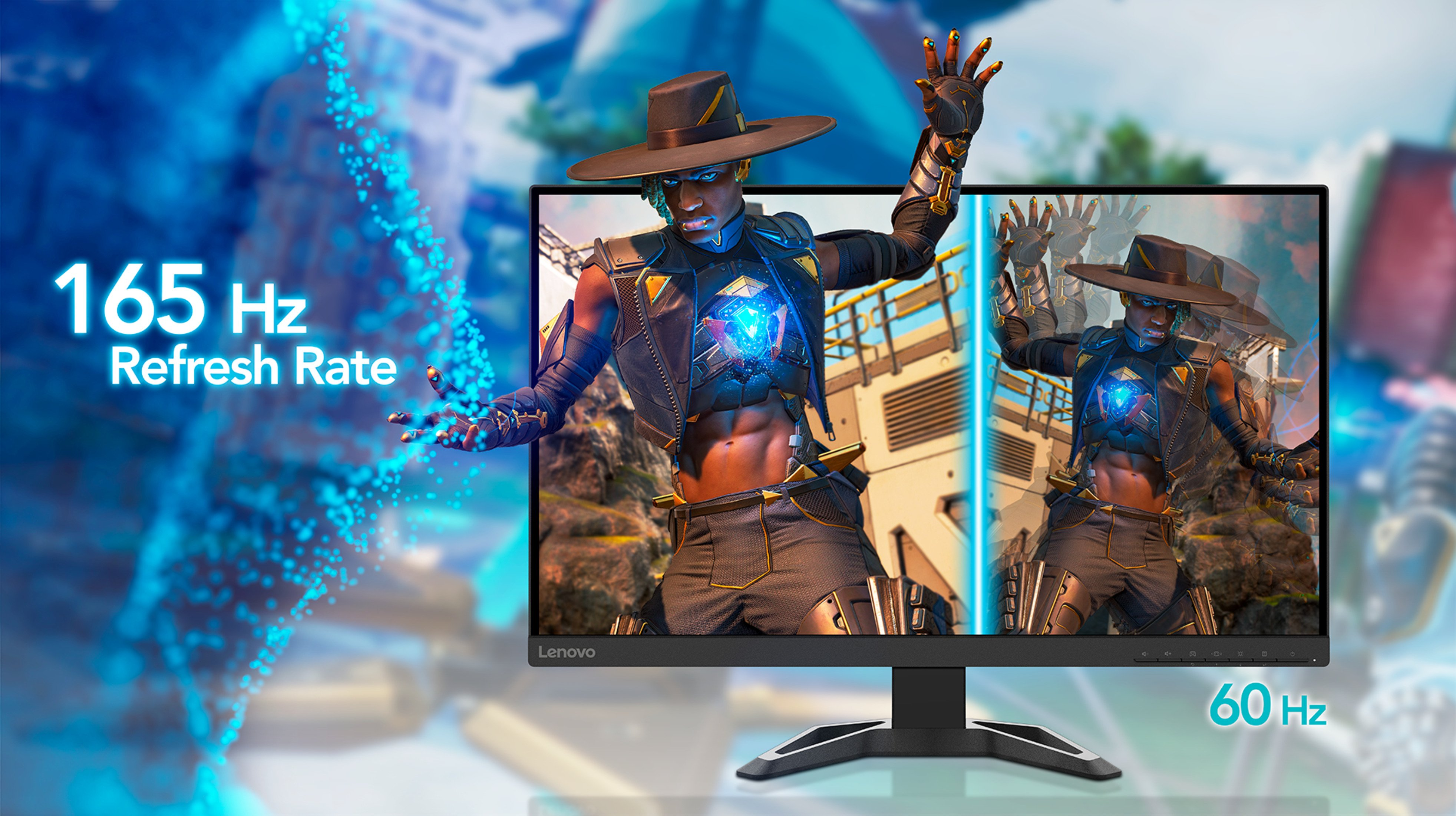 Monitor zeigt Spielcharakter. Text sagt 165 Hz Bildwiederholfrequenz und 60 Hz.