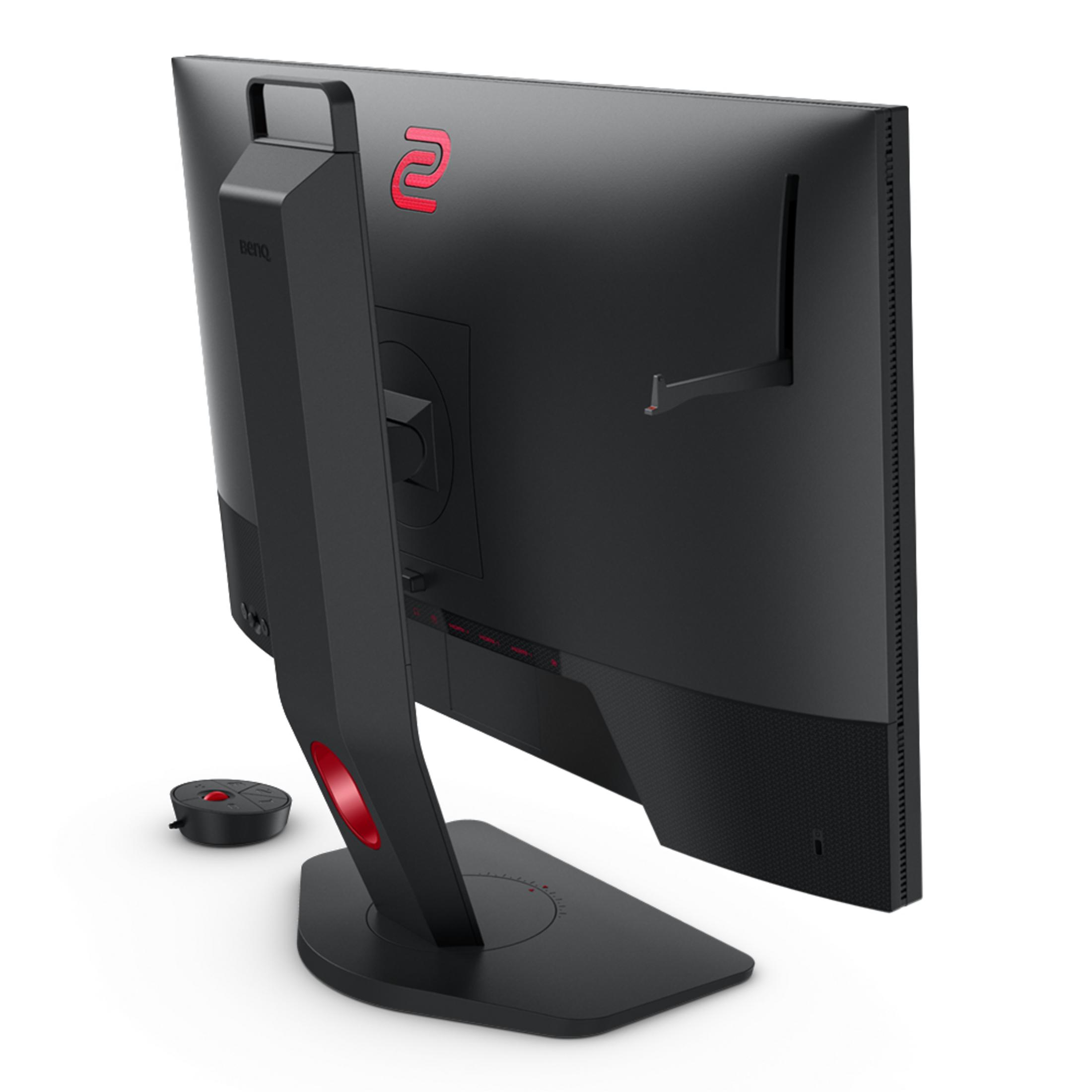 Schwarzer Monitor mit rotem Design-Detail, Rückansicht, auf einem schwarzen Ständer.