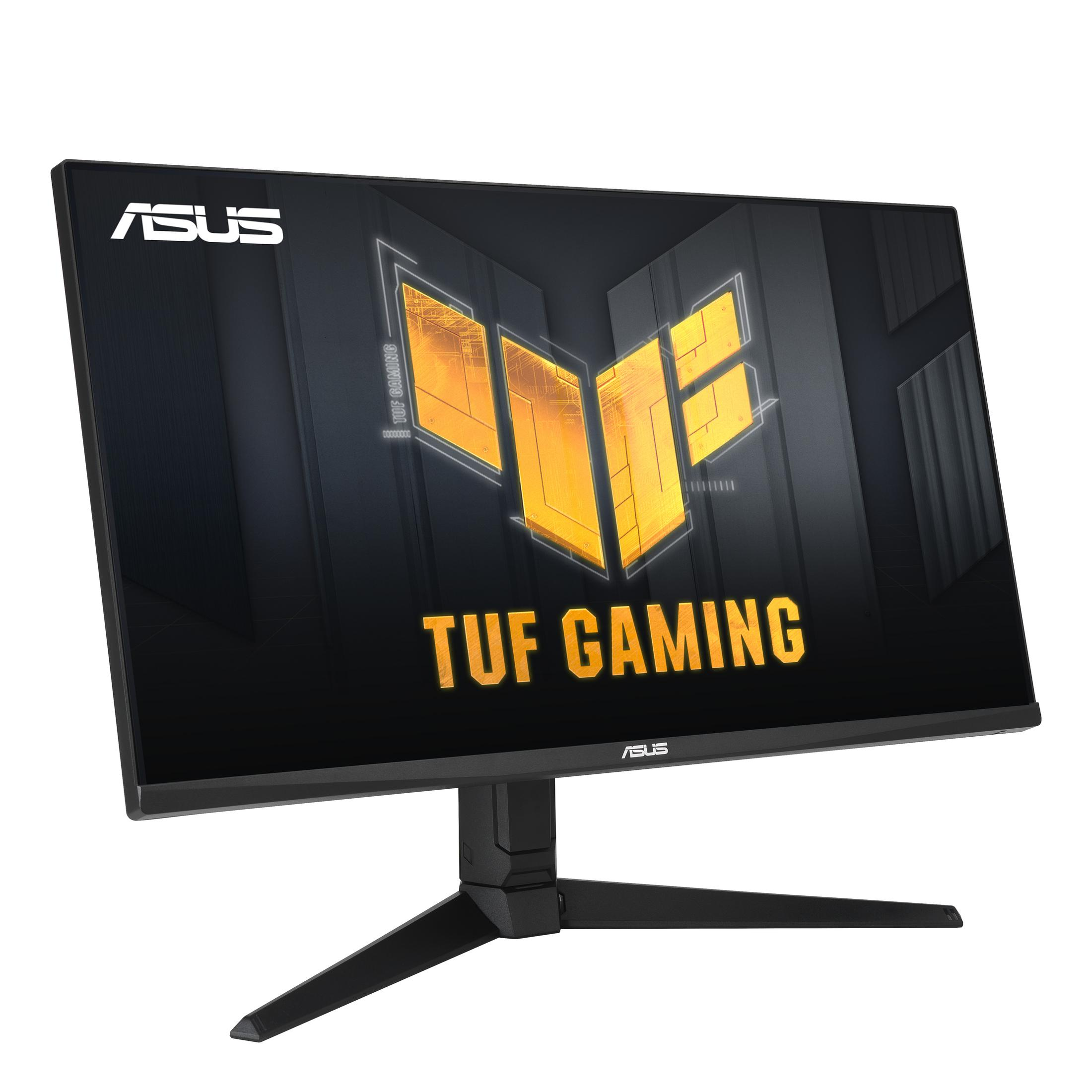 Monitor nero con logo ASUS e TUF GAMING sul display, sfondo bianco.