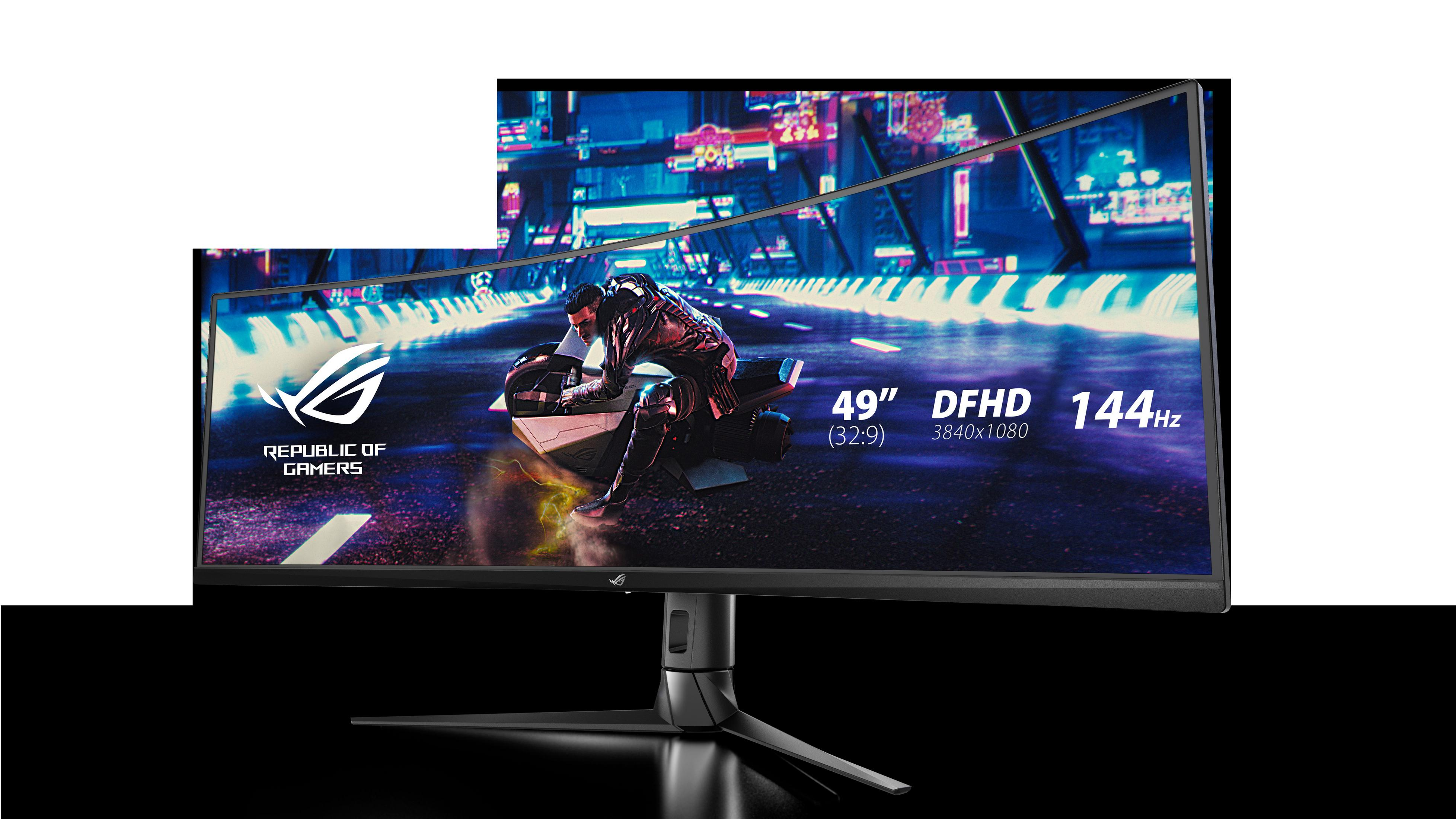 Zakrzywiony monitor gamingowy z tekstem i obrazem osoby na motocyklu.