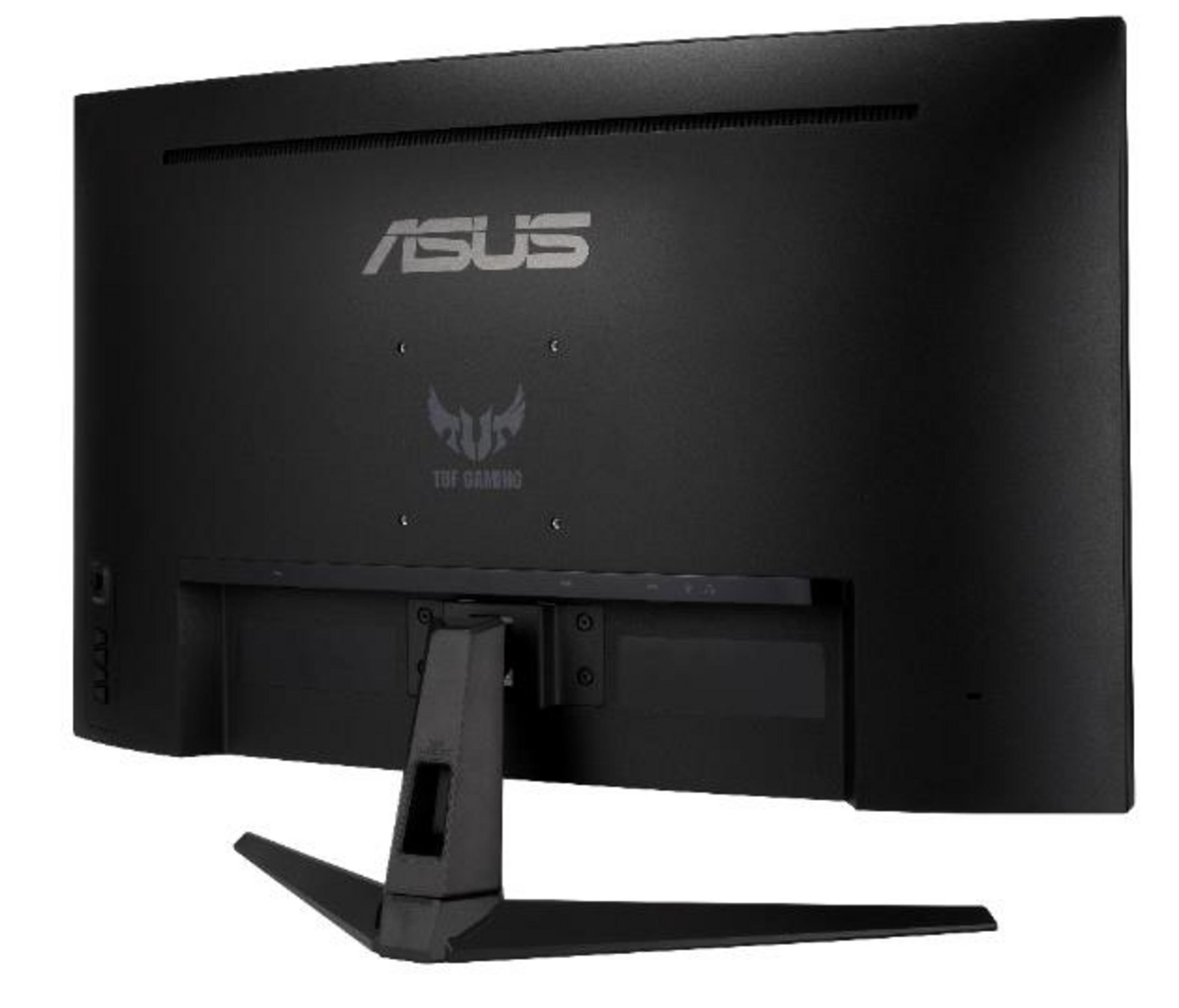 Czarny monitor ASUS TUF Gaming. Tył monitora jest widoczny. Jest logo ASUS i logo TUF.