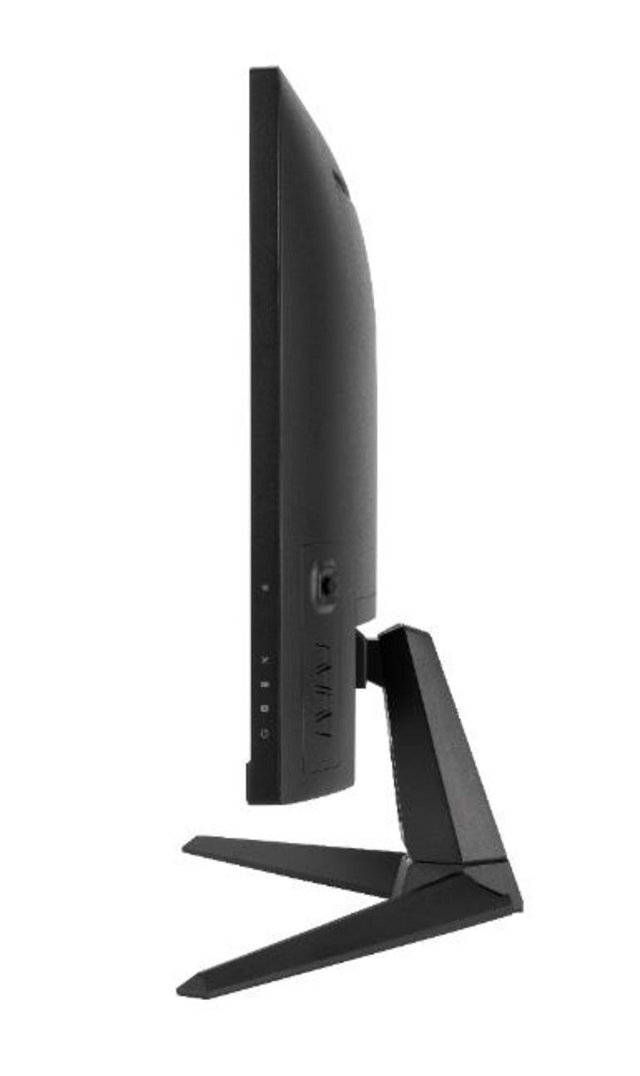 Czarny monitor komputera. Widok z boku ukazuje cienki profil i podstawkę.