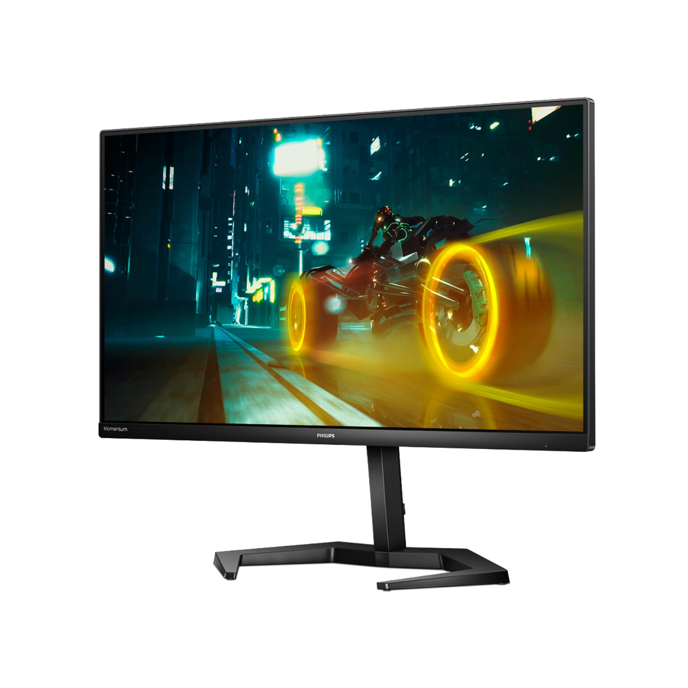 Monitor nero che mostra un gioco di corse. Un'auto sullo schermo, con supporto nero. Sfondo bianco.