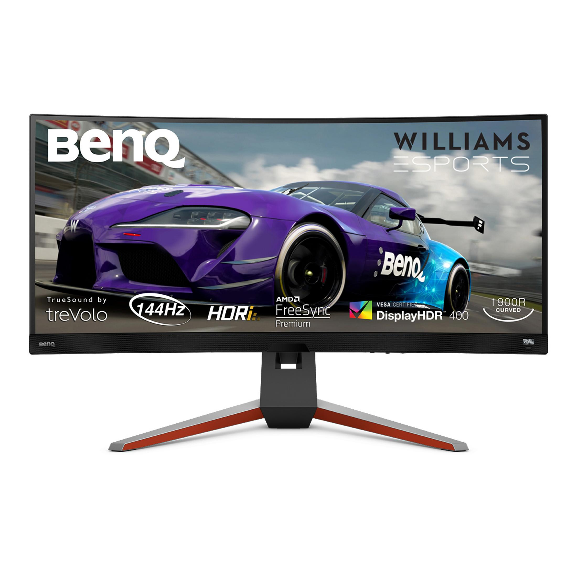Monitor con schermo curvo con gioco di corse automobilistiche. Cornice nera, supporto rosso/grigio.