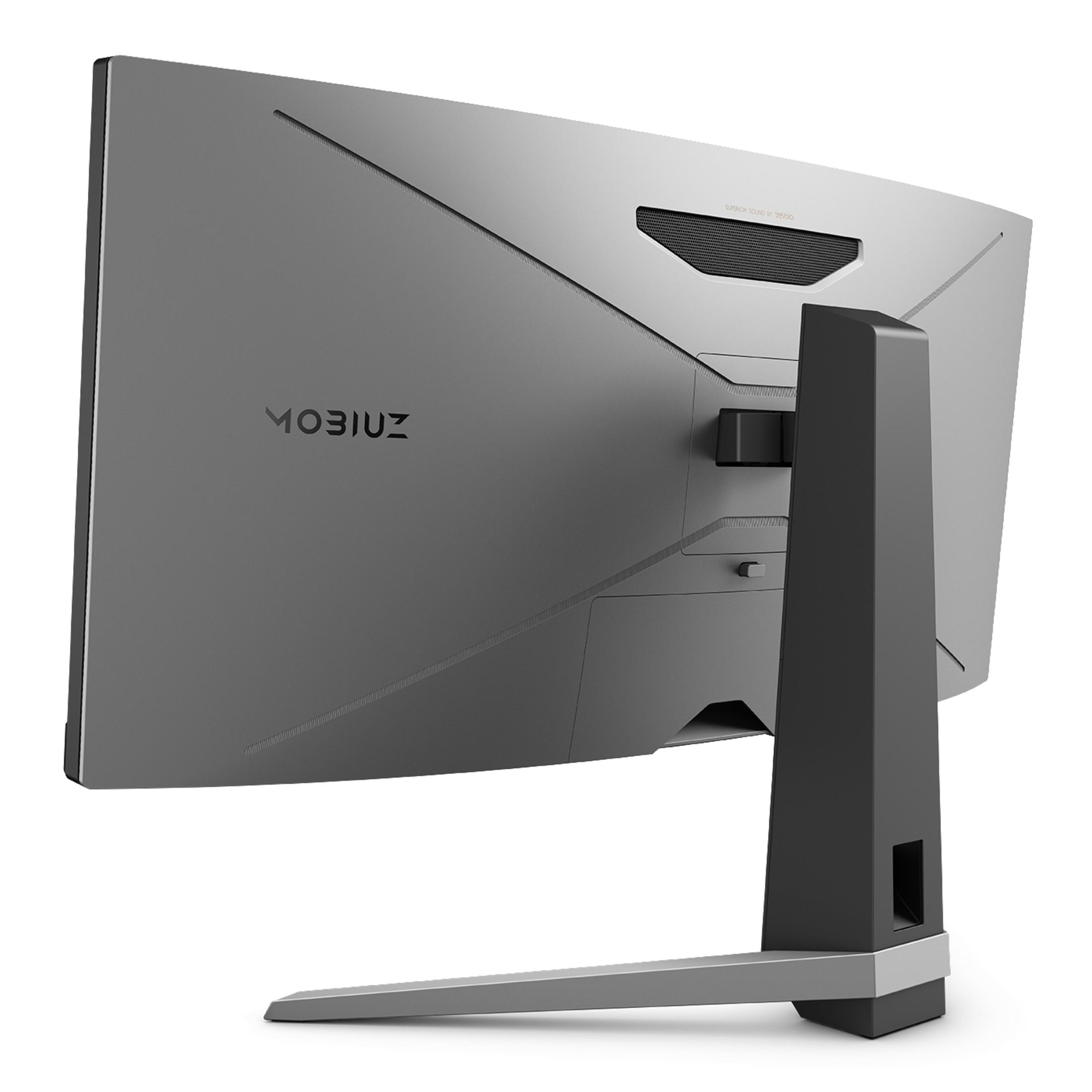 Il retro di un monitor MOBIUZ argentato. Ha un supporto nero. Il logo MOBIUZ è visibile.